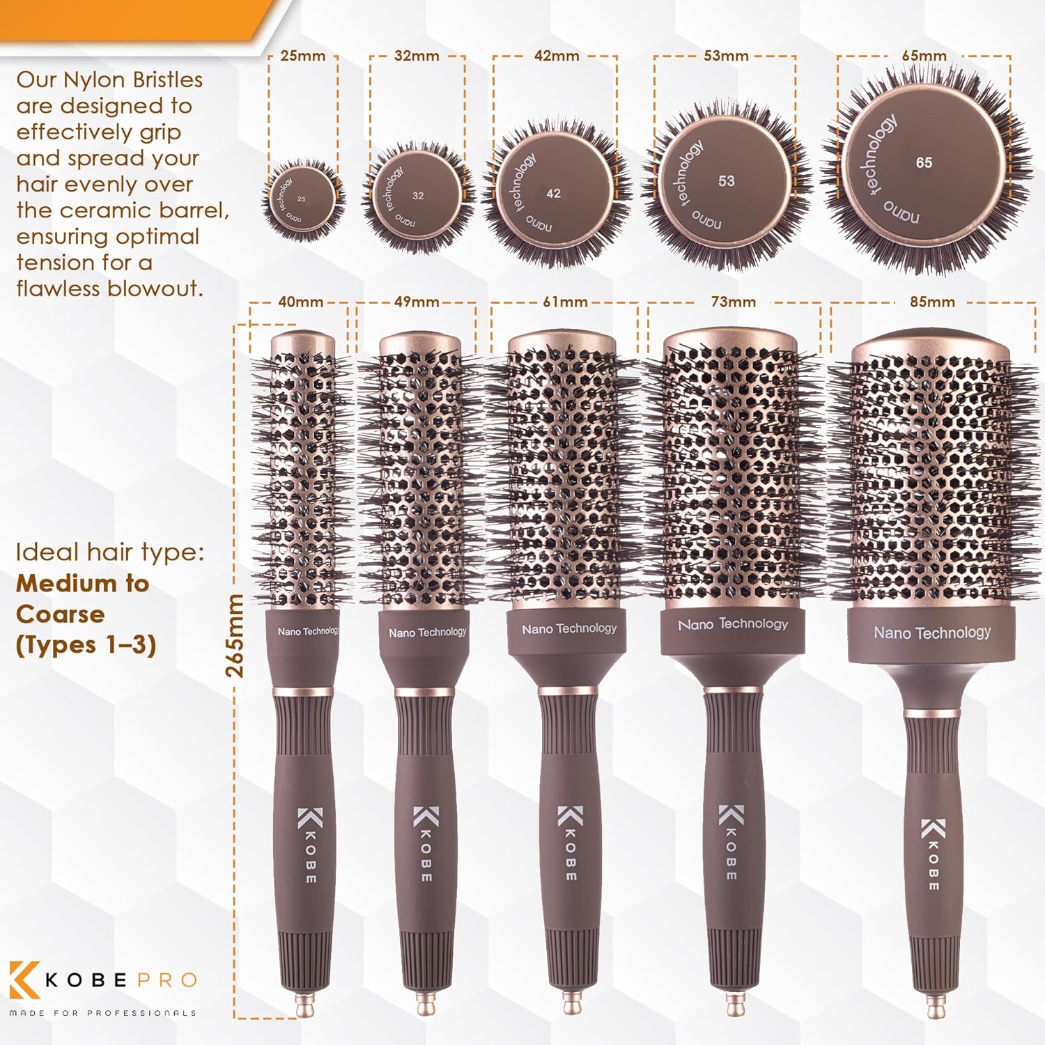 Kobe Professional Heat-Retaining Ceramic & Ionic round Hair Brush for Blow Drying - with Nanotechnology - Barrel Brush Set of 5 - Blow Dry Hair Brush image number 6