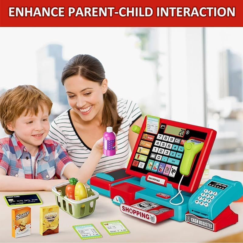 HUAJUN Children'S Electronic Cash Register Toy, Lighting and Sound Shopping Cashier Pretend Game Store, with Calculator/Scanner/Credit Card/Game Currency/Weighing Table, for Toddler Boy Girl image number 1