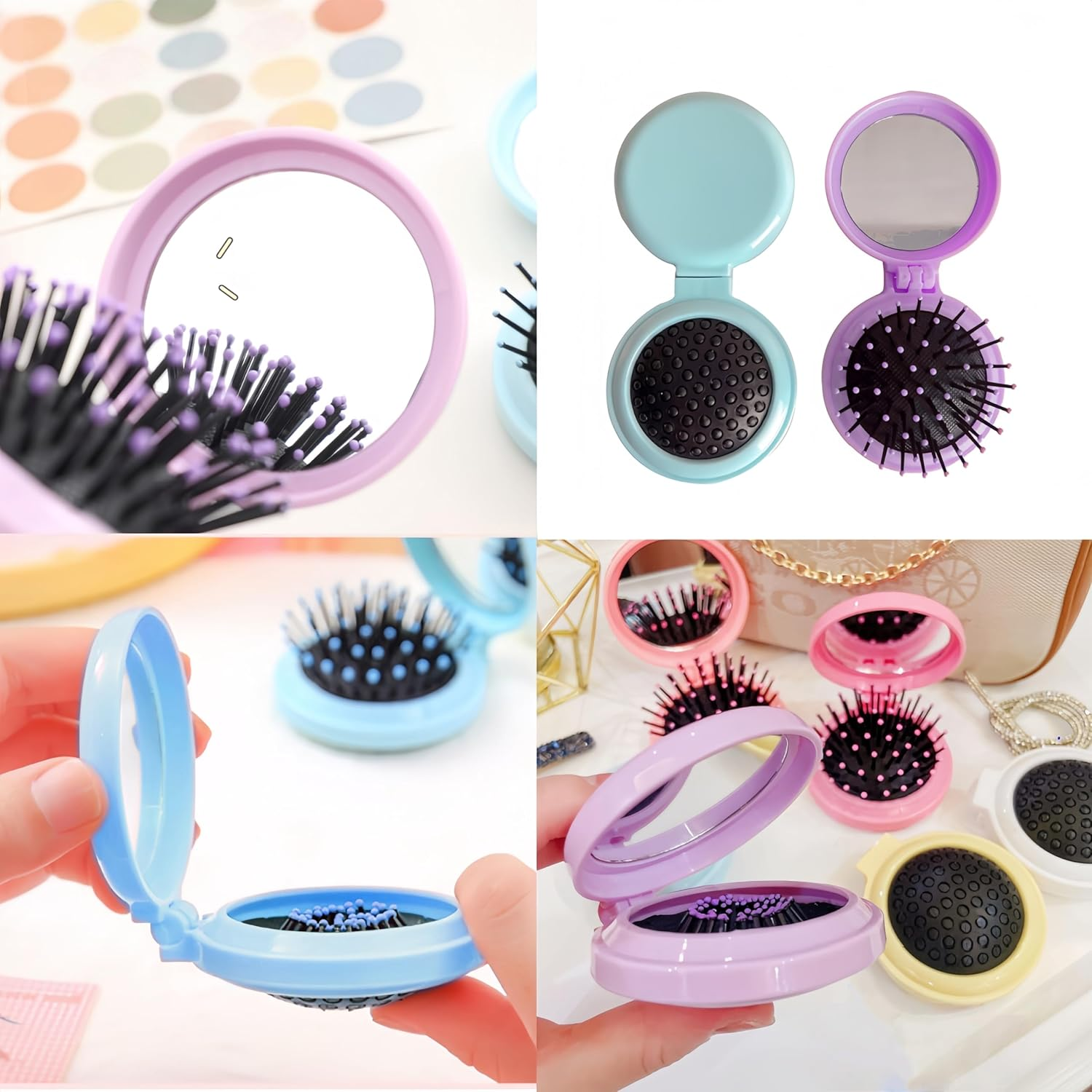 Aknebriax 3 Pack Mini Folding Hair Brush with Mirror, Portable Travel Hairbrush,For Women,Round Pocket Size Pop up Brush,Compact and Elegant Perfect for Carrying in Your Bag(Yellow, Purple, Blue) image number 3
