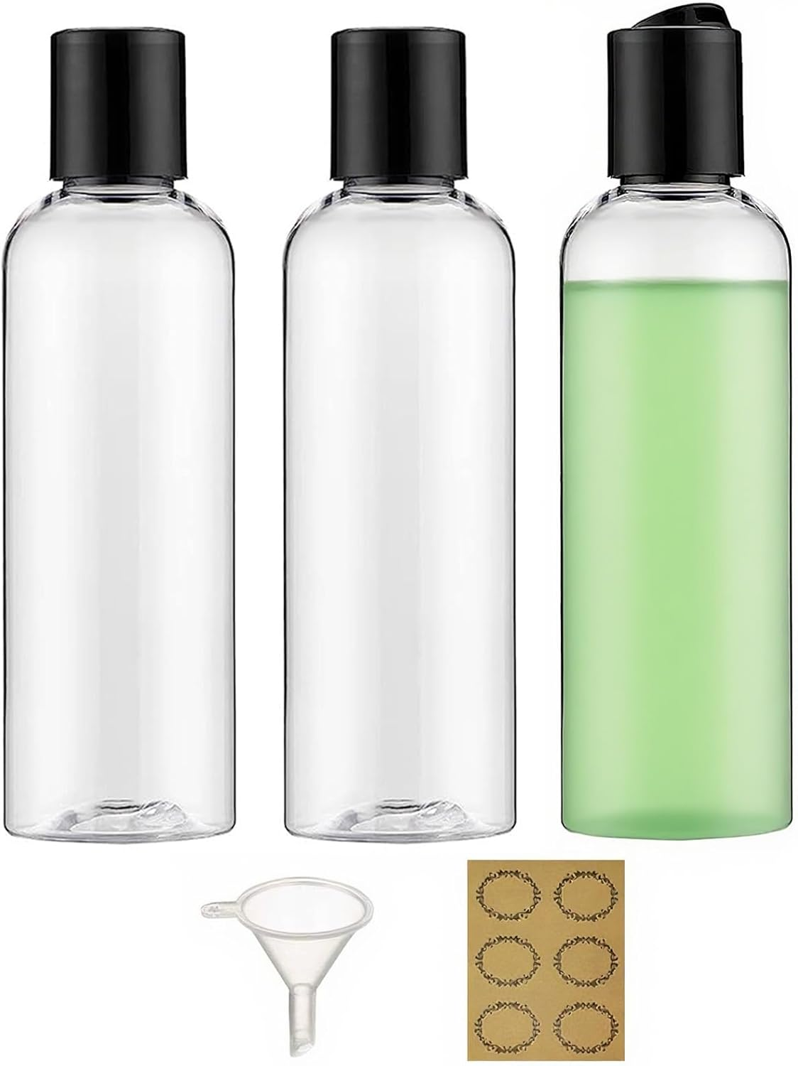 3PCS 200ML Plastic Bottles with Disc Top Flip Cap Empty Squeeze Bottles Clear Refillable Travel Container Dispensing with Funnel & Label for Liquids Lotion Shampoo Toiletries Cosmetic