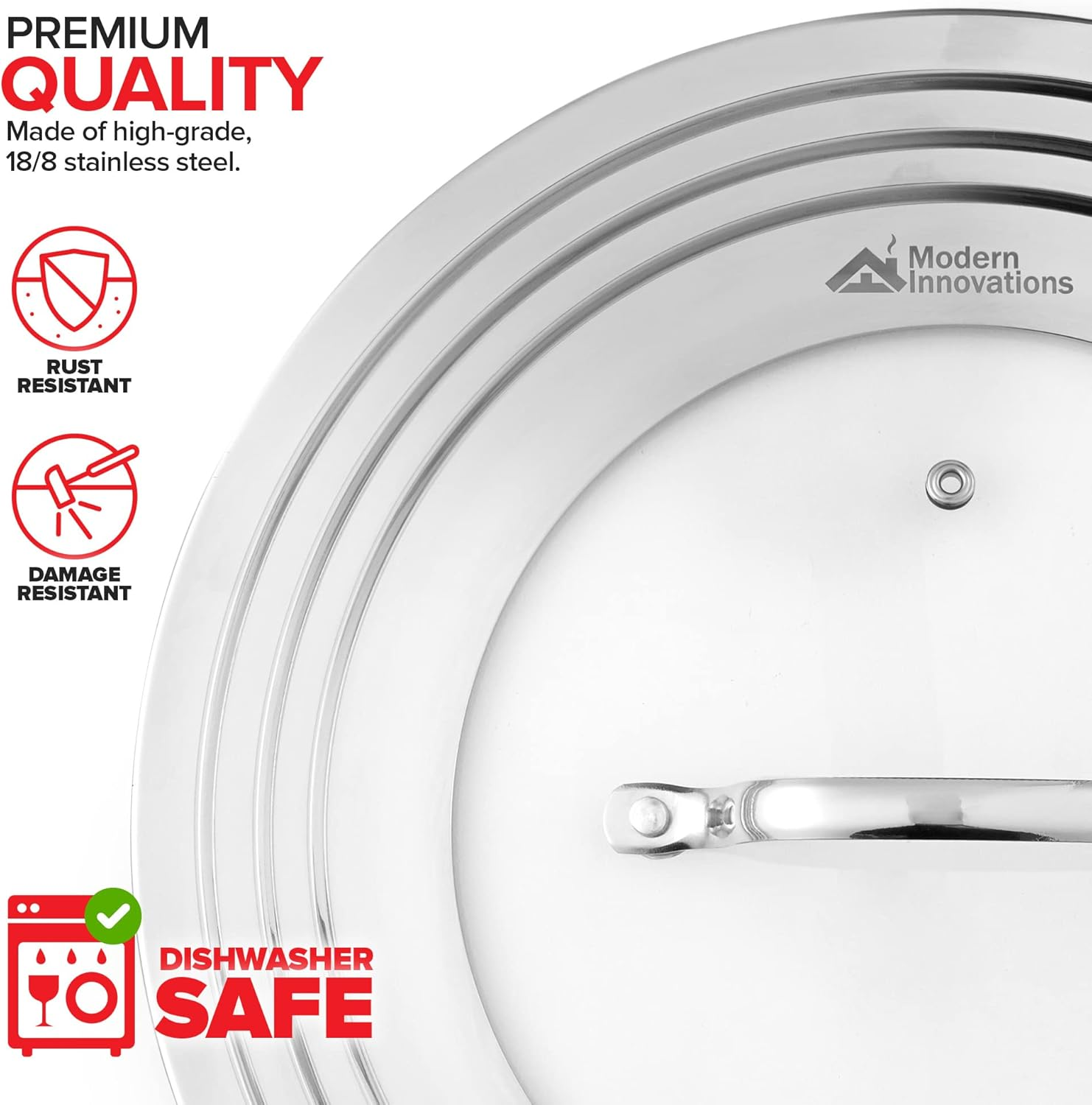 Modern Innovations Universal Lid with Tempered Glass Top for Pots & Pans, Fits 8.25, 9, 10, 11, and 12 Inch Cookware - Large Replacement Frying Pan Cover, Cast Iron Skillet Lids - Stainless Steel