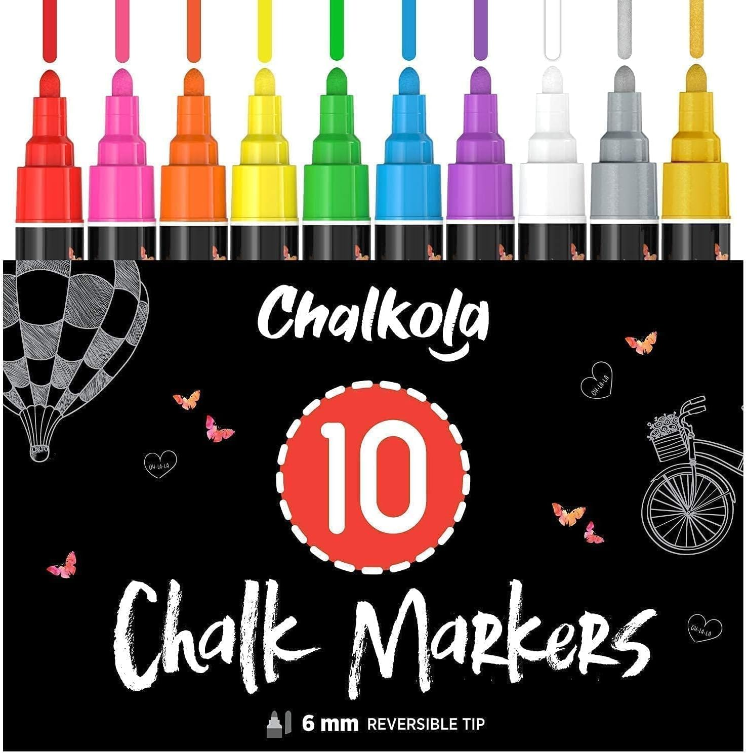 Chalkola Liquid Chalk Markers Erasable (10 Pack) W/Gold & Silver - Washable Paint Chalk Pens for Chalkboard Signs, Blackboard, Car Window, Bistro, Glass, Board - Neon Wet Wipe 6Mm Reversible Bold Tip