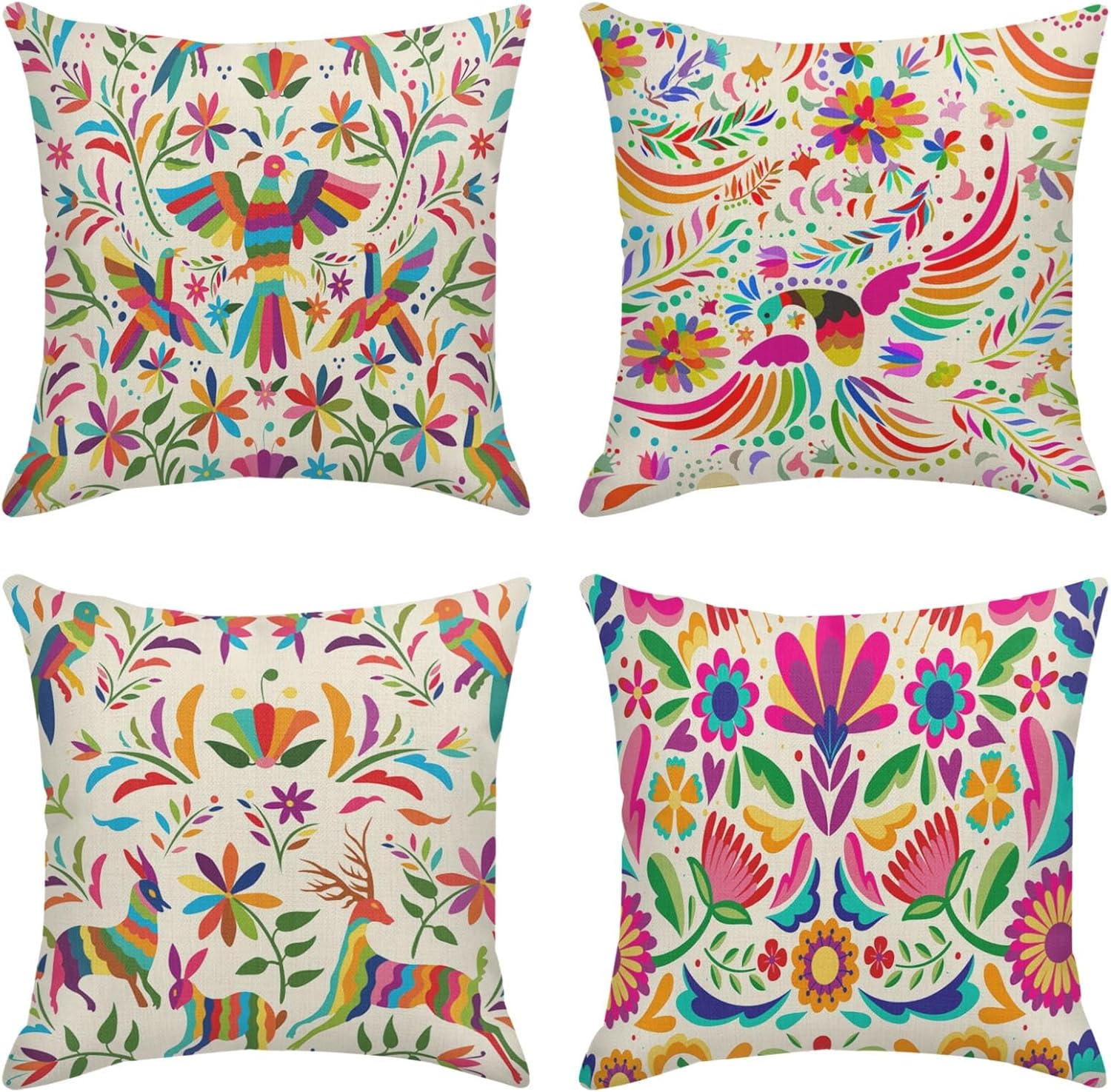 Sanwarm Throw Pillow Covers Home Decor Set of 4 Pillow Cases Decorative 18 X 18 Inches Cushion Couch Sofa Pillowcases Mexican Colorful Ethnic Birds Flowers