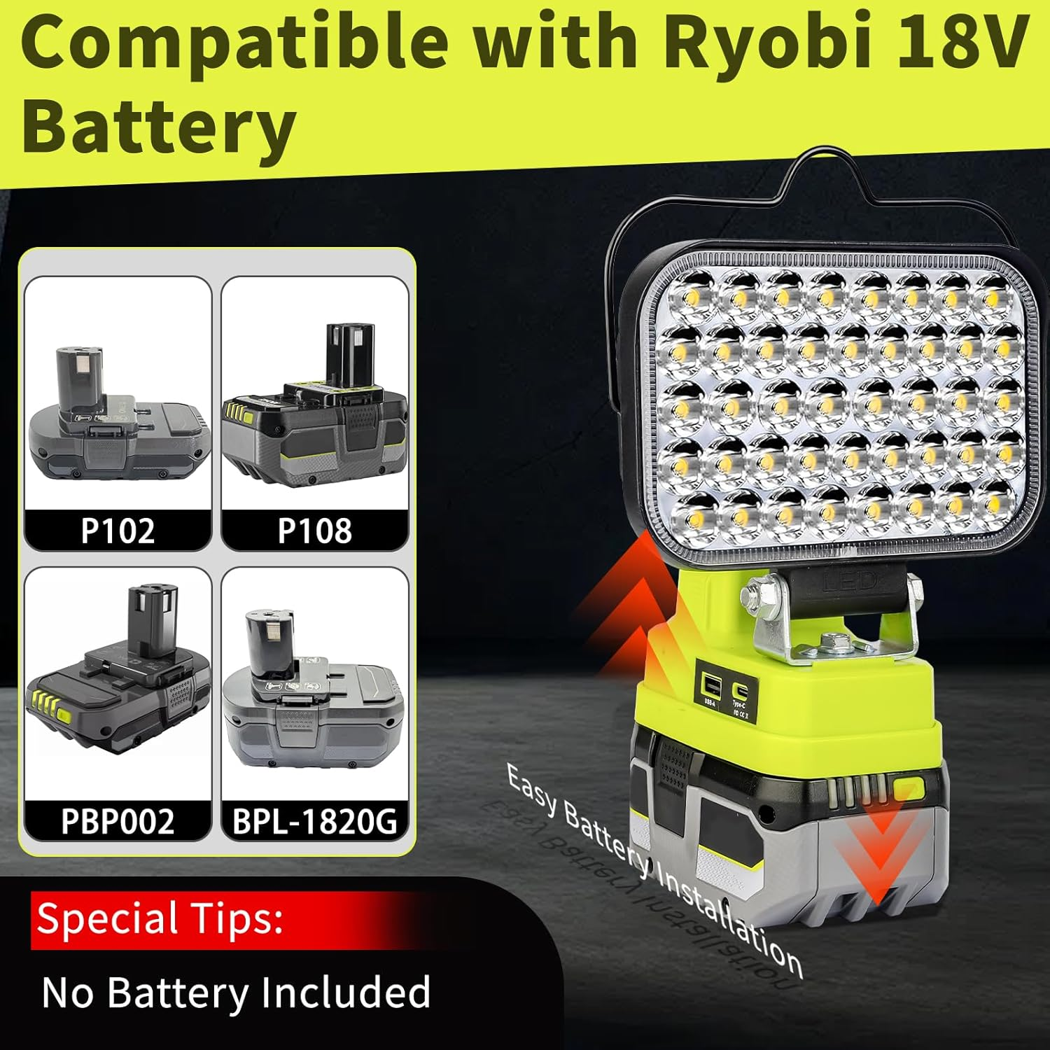 Work Light for Ryobi 18V Battery,84W 8000LM Portable Cordless Floodlight with Usb&Type C Charging Port for Emergency Lighting,Led Spotlight for Camping,Fishing,Workshop image number 6