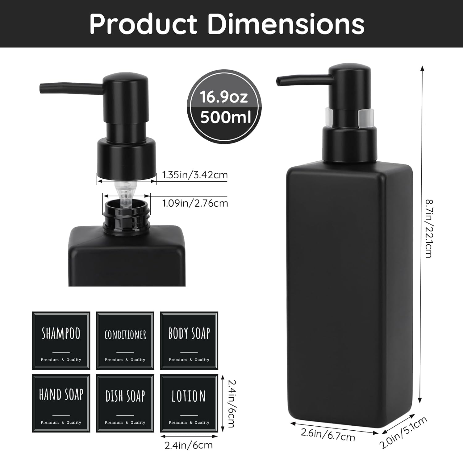 Segbeauty Shampoo and Conditioner Dispenser, 3Pcs 500Ml Hand Soap Dispenser, Pump Bottle Dispenser, Refillable Dish Soap Dispenser, Black Soap Dispenser with Labels image number 2