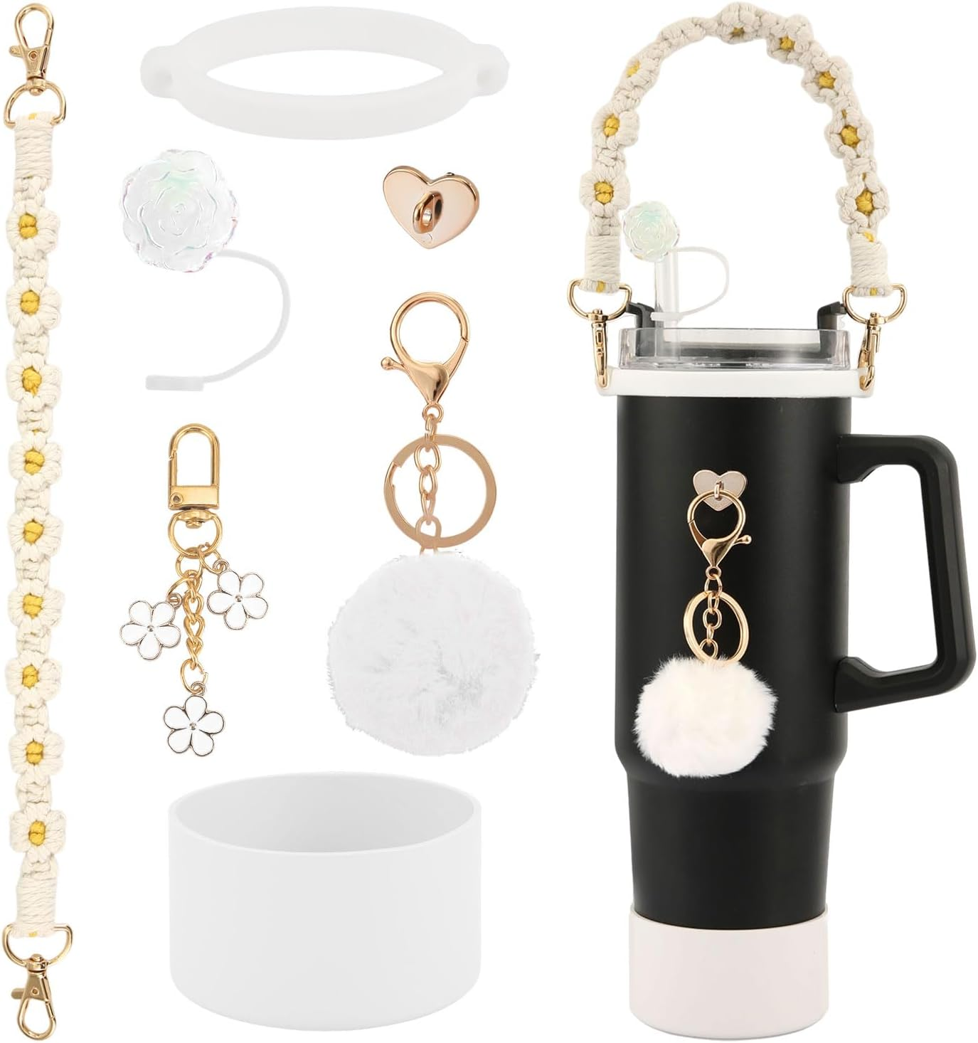 Mug Accessories Set for Stanley, Included Water Bottle Handle Strap Silicone Boot Straw Lid Keychain for Stanley Cup 40Oz 30Oz Tumbler