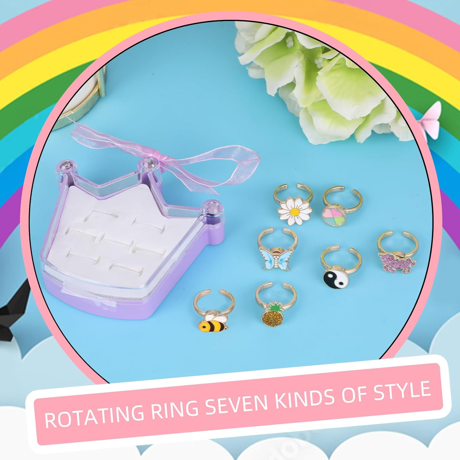 Mjartoria 7Pcs Fidget Rings for Anxiety, Shell Butterfly Unicorn Flower Stainless Steel Spinner Ring Set for Teen Girls Mood Rings Stress Relieving Wide Rings Set - Blue image number 3