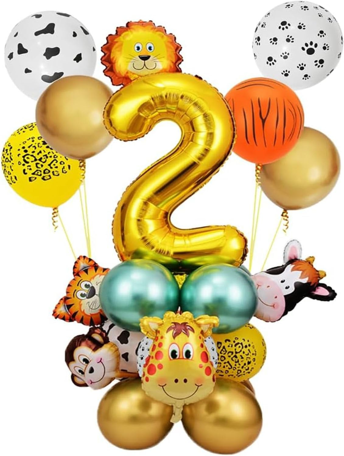 Jungle Safari Birthday Number Balloonsdecorations 32Inch Number 2 Balloons 24Pcs Gold Party Decorations Backdrop Animal Balloons for Birthday Party Supplies