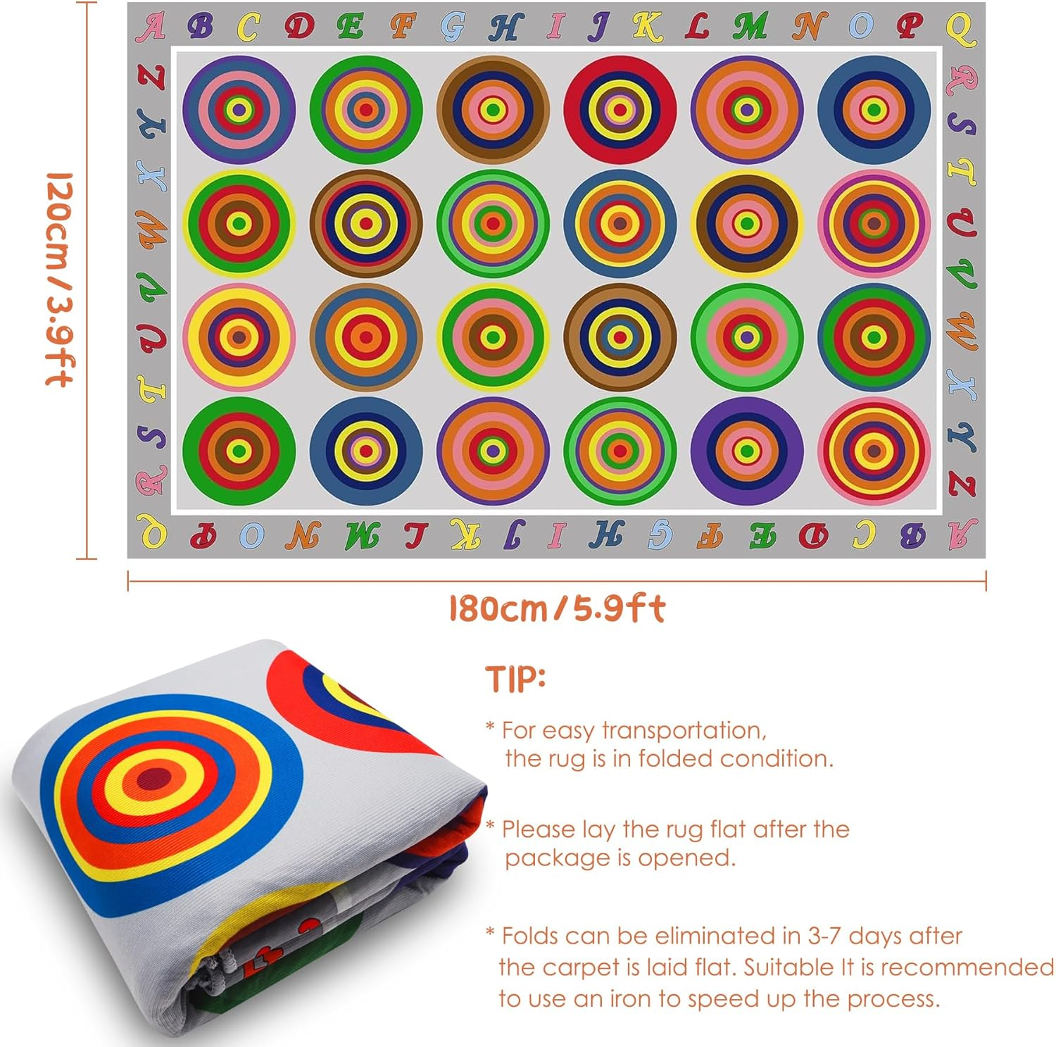 Kids Play Rug Classroom Carpet, 180X120Cm Color Rings Colorful Children'S Area Rug, Circles Abstract Educational Classroom Seating Rug Nursery Rugs for Kids Room, Playroom or Elementary (Color 3) image number 5