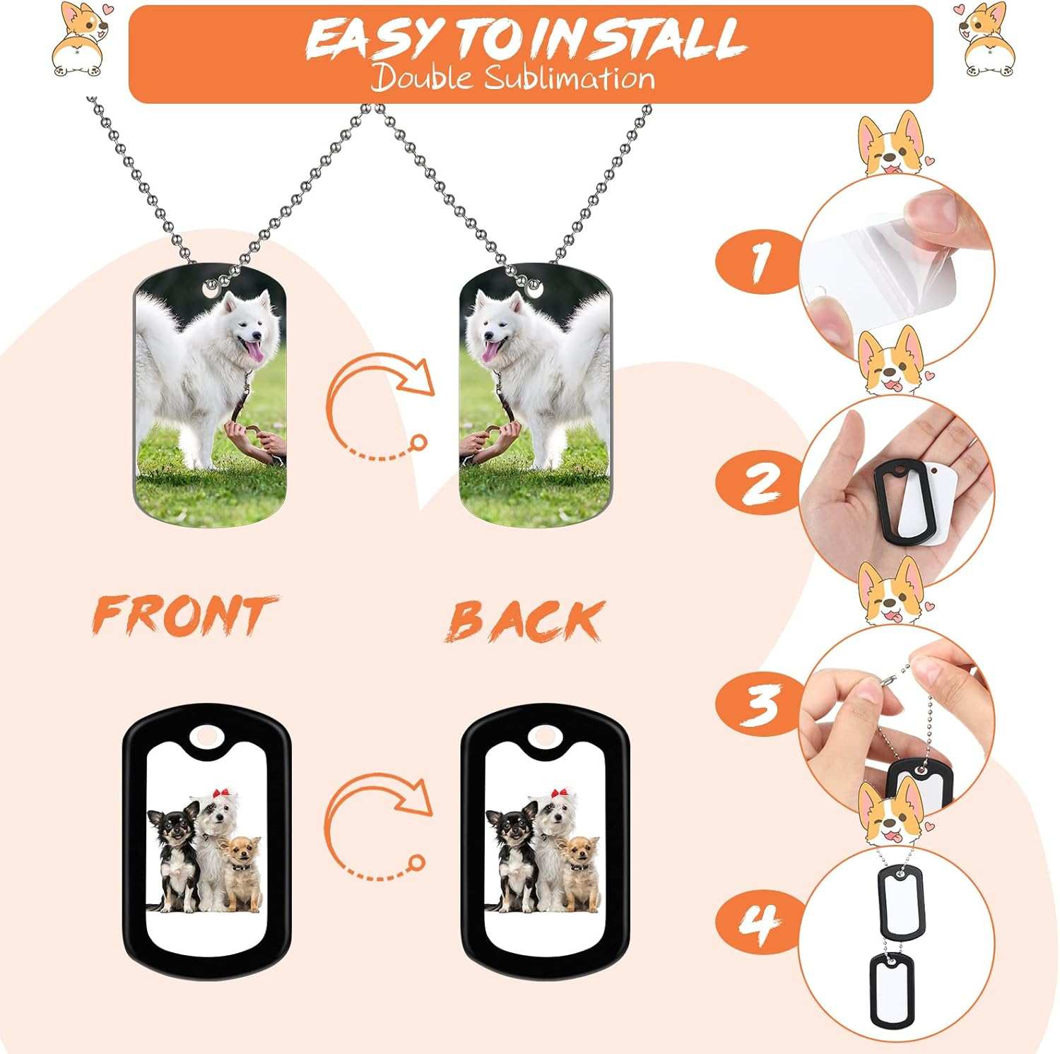 Sublimation Blank Dog Tag Set Aluminum White Stamping Tag Pendants Double Sided Blank Metal Tags with Military Silicone Dog Tag Silencer 23.6 Inch Dog Tag Chain for DIY (6 Sets)