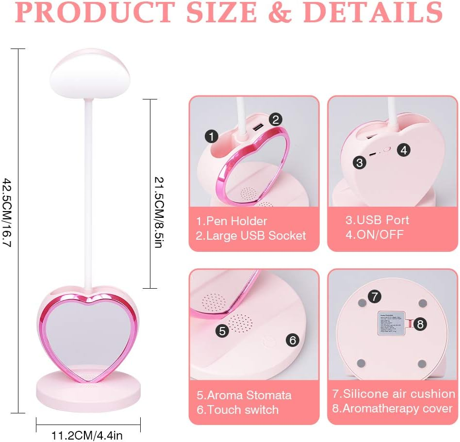 LED Desk Lamp, Cute Pink Desk Lamp with USB Charging Port/Pen Holder and Phone Stand, Touch Control Reading Lamp with 2 Color Modes,Eye-Caring Study Table Lamp for Kids Girls College Dorm Bedroom image number 1