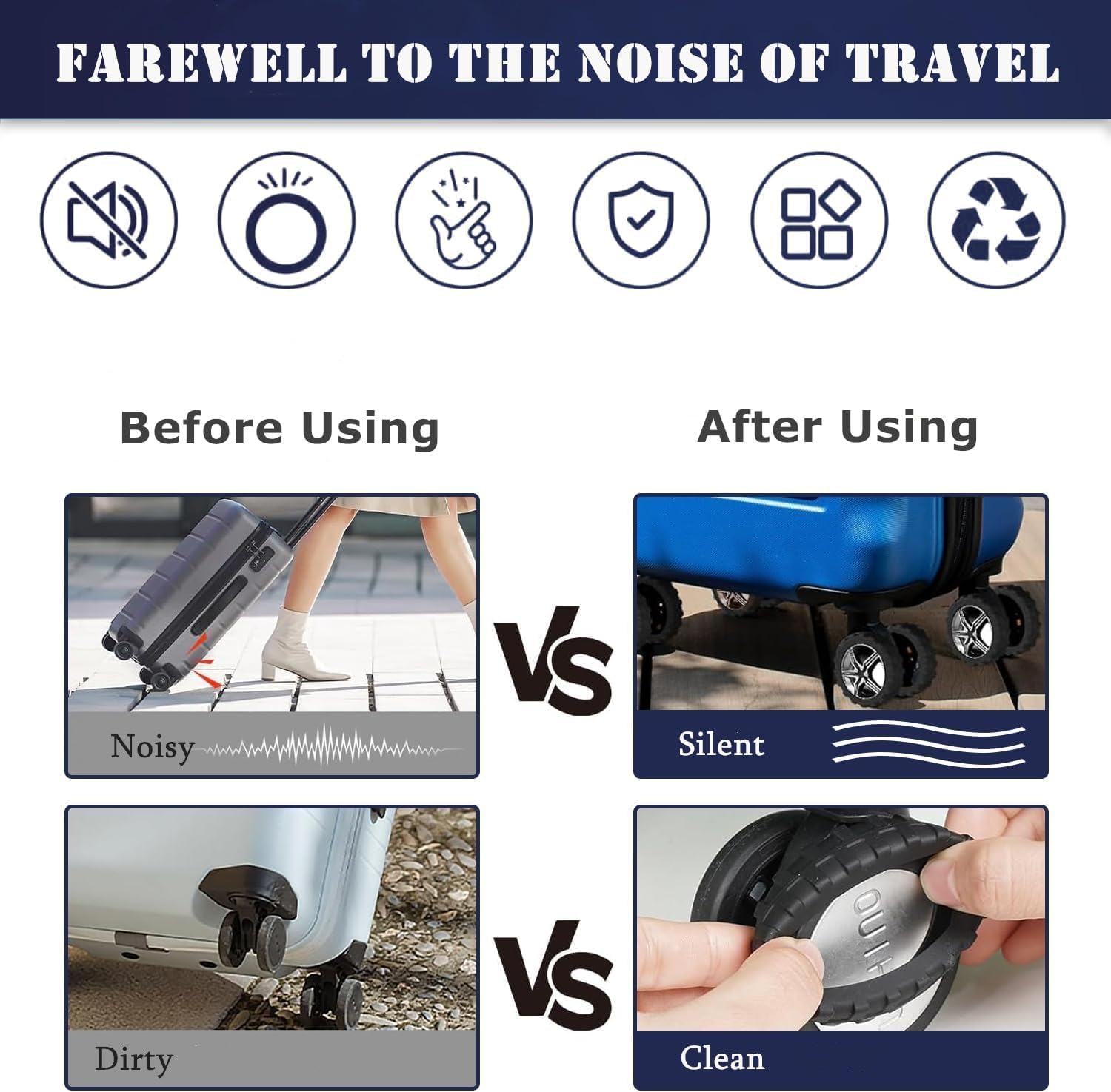 Elegance-Go Luggage Wheel Covers, Pack of 8 Silicone, Noise, Shock-Absorbing, Black, 5.5Cm X 5.5Cm X 1.5Cm image number 5