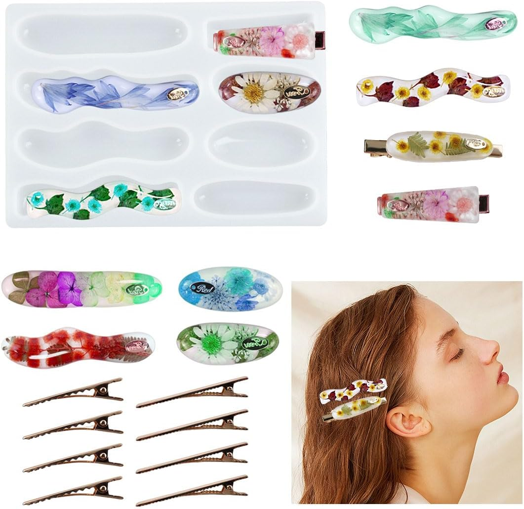 Voyyphixa Hair Clips Silicone Moulds Epoxy Resin Hair Pin Epoxy Resin Moulds with 16 Hair Clips Jewellery Resin Casting Moulds Hair Clips Resin Mould for DIY Key Ring Bookmark (16 Hair Clips)
