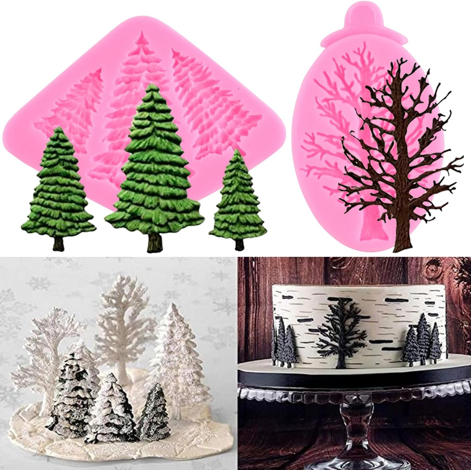 2 Pack Christmas Tree Fondant Cake Mold Silicone Mold Christmas Birthday Party DIY Cake Decorating Cupcake Toppers Polymer Clay Candy Chocolate Gum Paste image number 4