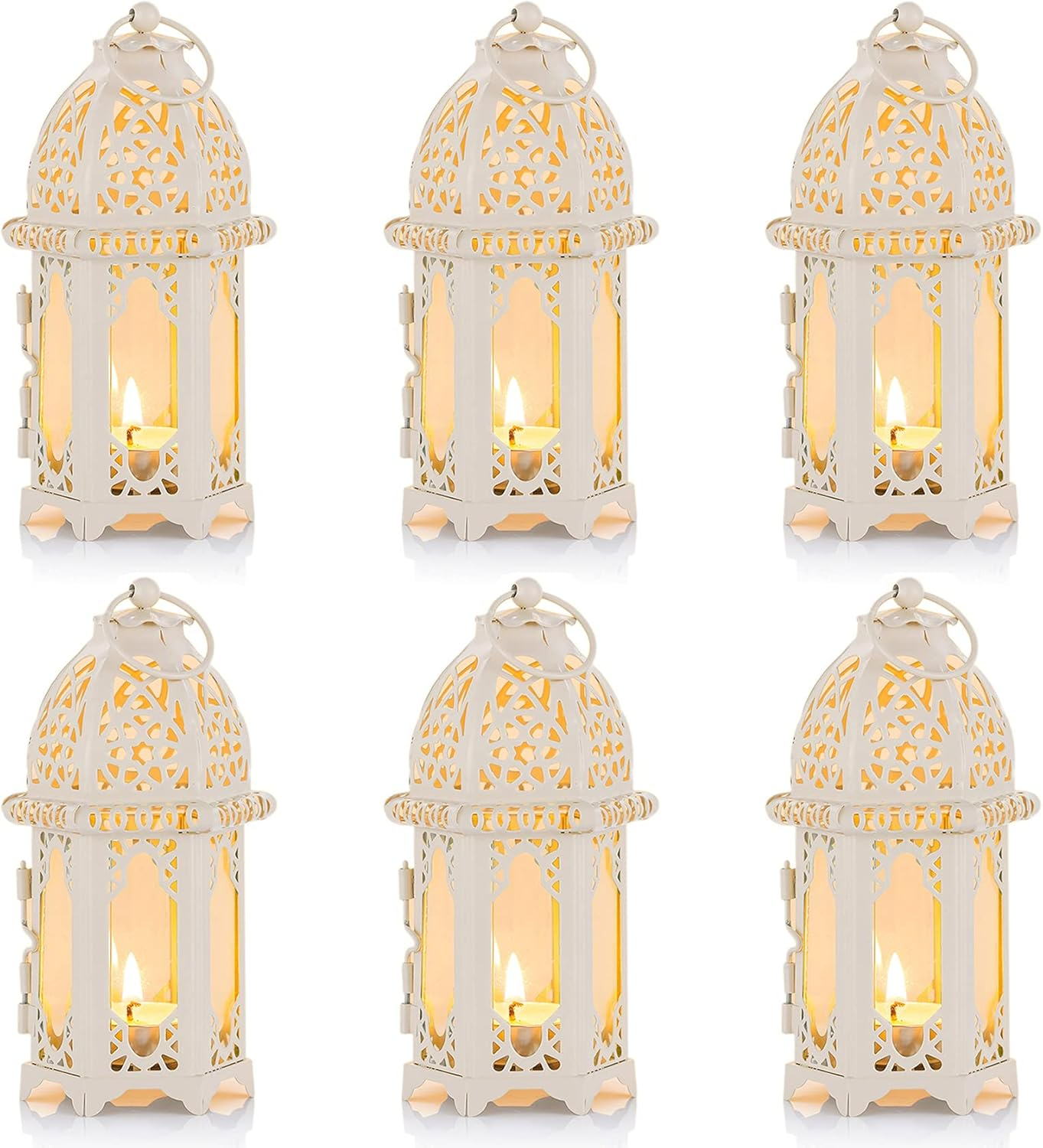 NUPTIO 2 Pcs Moroccan Style Candle Lantern - Small Sized Tealight Candle Holder with Transparent Glass Panels Great for Patio, Indoors/Outdoors, Events, Parties and Weddings, White