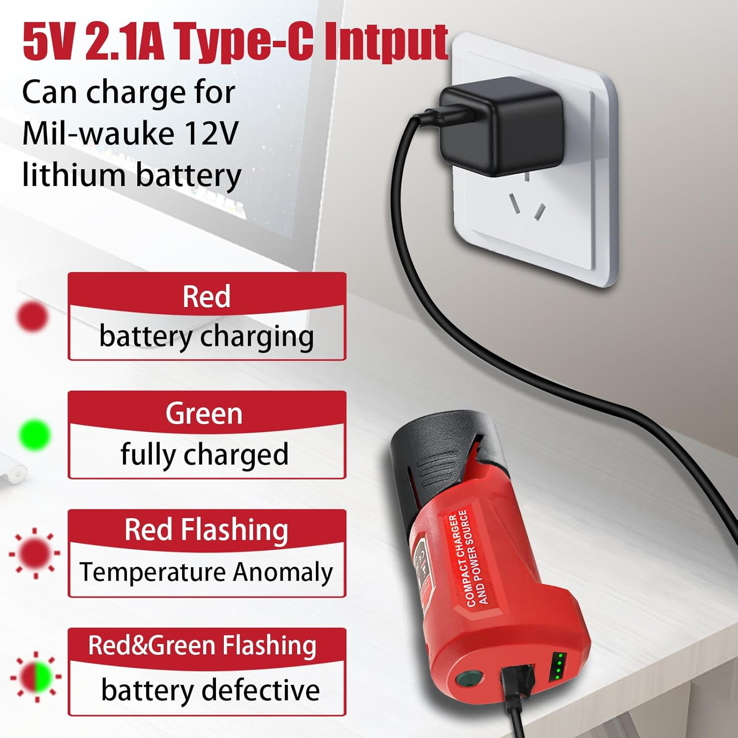 EID M12 USB Adapter Power Source for Milwaukee M12 12V Batteries, 10.8V/12V Heated Jacket Power Source, Li-Ion Battery Adapter, 5V/2.1A USB & 12V/3A DC Output image number 4