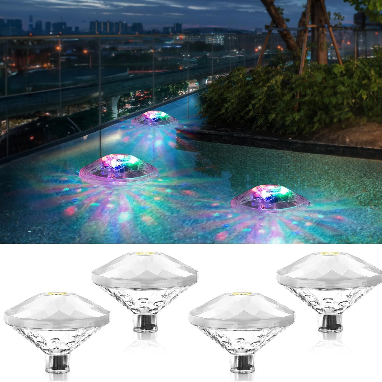 4 Pack Pool Lights Floating RGB Color Changing Battery Powered Swimming Pool Lights IP67 Waterproof LED Pool Accessories 8 Lighting Modes for Outdoor Pool Party Pond Decor image number 1