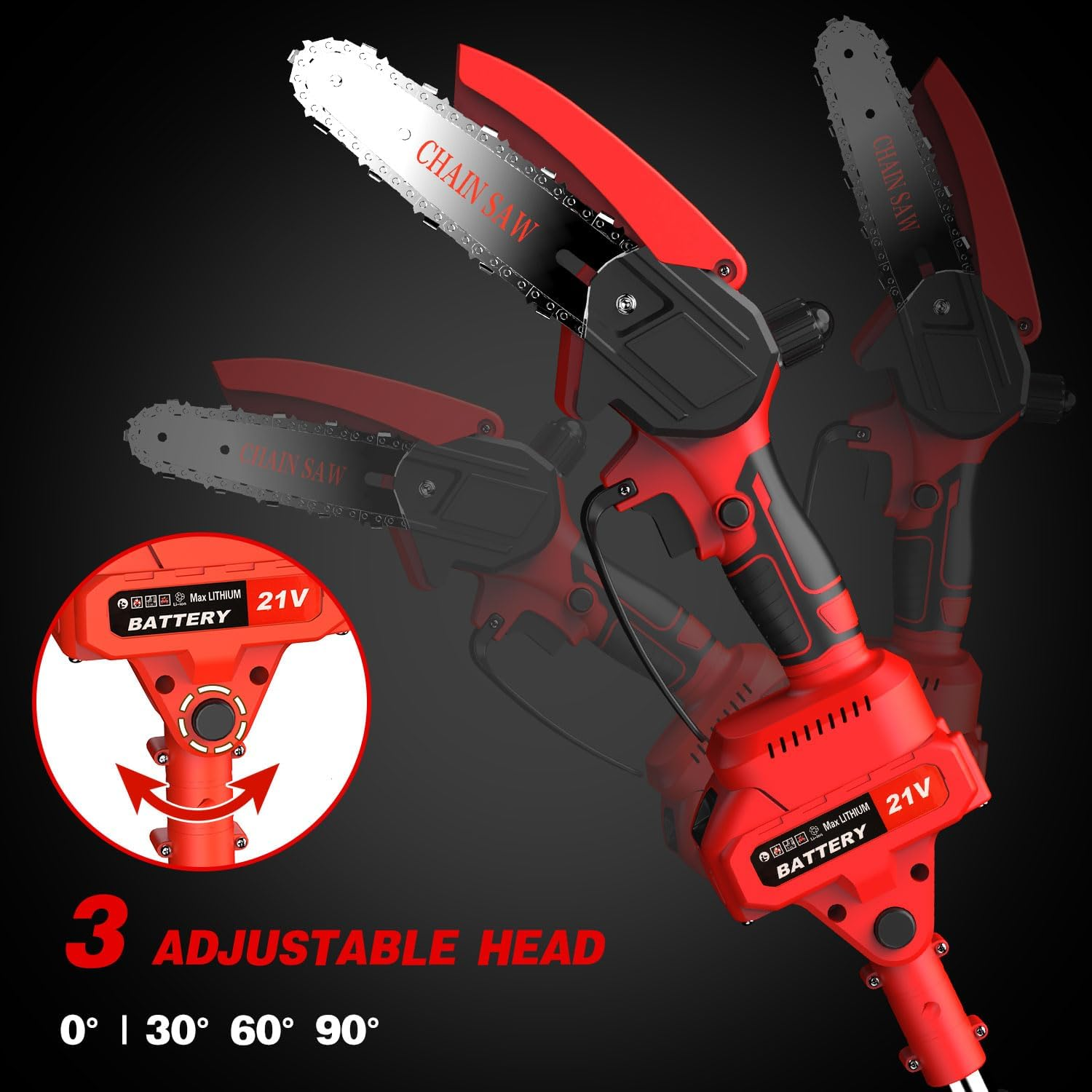 Lmozim 2-In-1 Cordless Pole Chainsaw & Mini Handheld Chainsaw, 21V 8 Inch Electric Poles Pruner, Extension Rod up to 153Cm, 2 Replaceable Chains Tree Pruning Pole for Garden Yard Red 4000Mah Battery image number 3