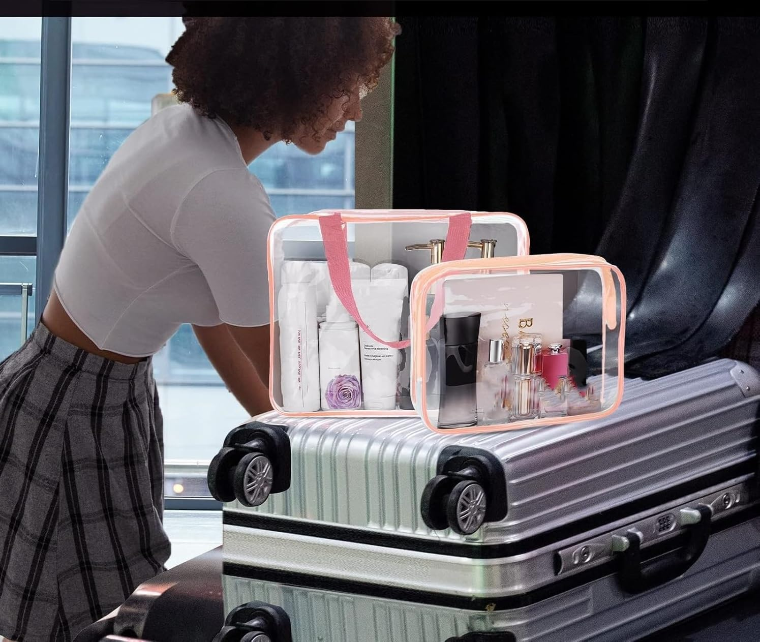 3Pcs PVC Travel Toiletry Bag Kit for Women Men, Waterproof Packing Organizer Storage Bags with Zipper Handle Straps, Cosmetic Pouch Carry on Airport Handbag (Pink, Pack of One) image number 1