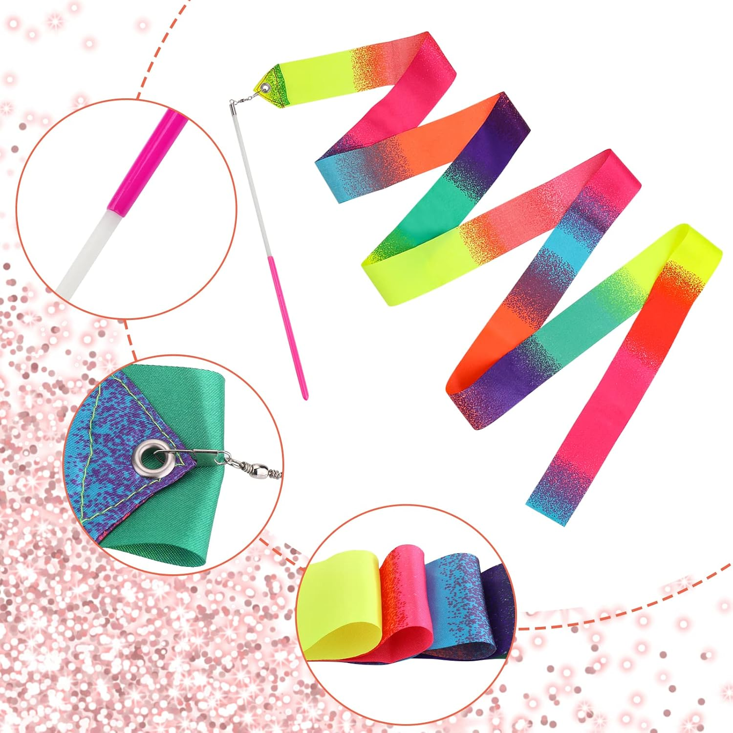 Abeillo 2Pcs Rhythmic Dance Ribbons, 78.7 Inch Gymnastics Ribbon Wand Dancing Ribbon Streamers for Kids, Fits Artistic Dancing Gymnastics, Circus Carnival Shows, Baton Stick Twirling