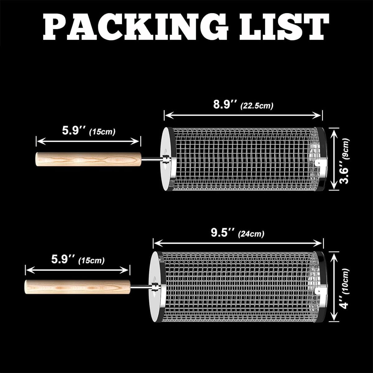 Rolling Grill Basket(2Pcs), Removable Wooden Handle, 304 Stainless Steel, Nesting Grilling Net, BBQ Accessories Tool for Vegetable Shrimp, Outdoor Cooking Camping, Birthday Gifts for Men Dad Husband image number 3