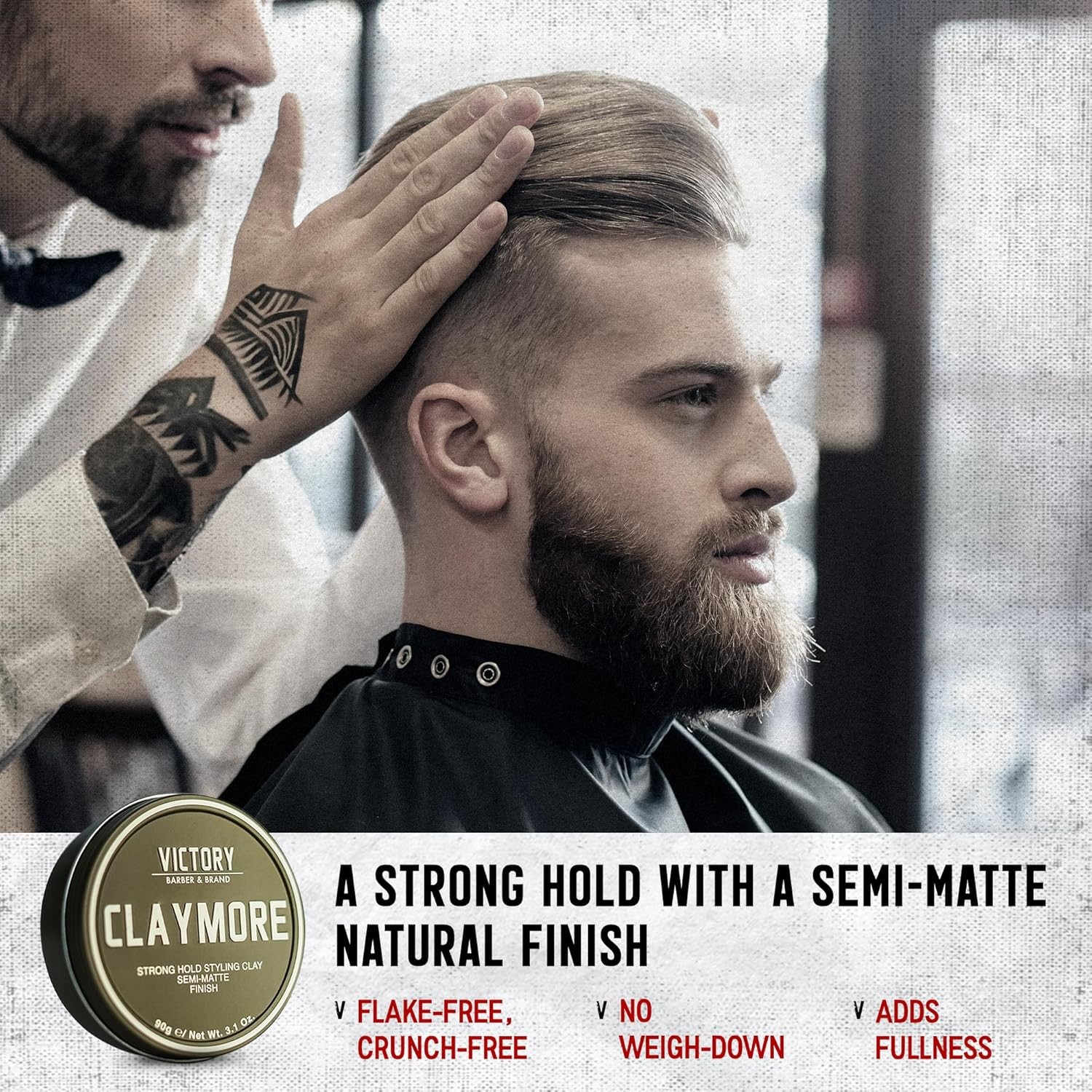 Victory Barber & Brand Claymore Men&rsquo;S Hair Clay: Strong Hold Matte Finish Clay Pomade for Textured Styles in Short-Medium Hair image number 5
