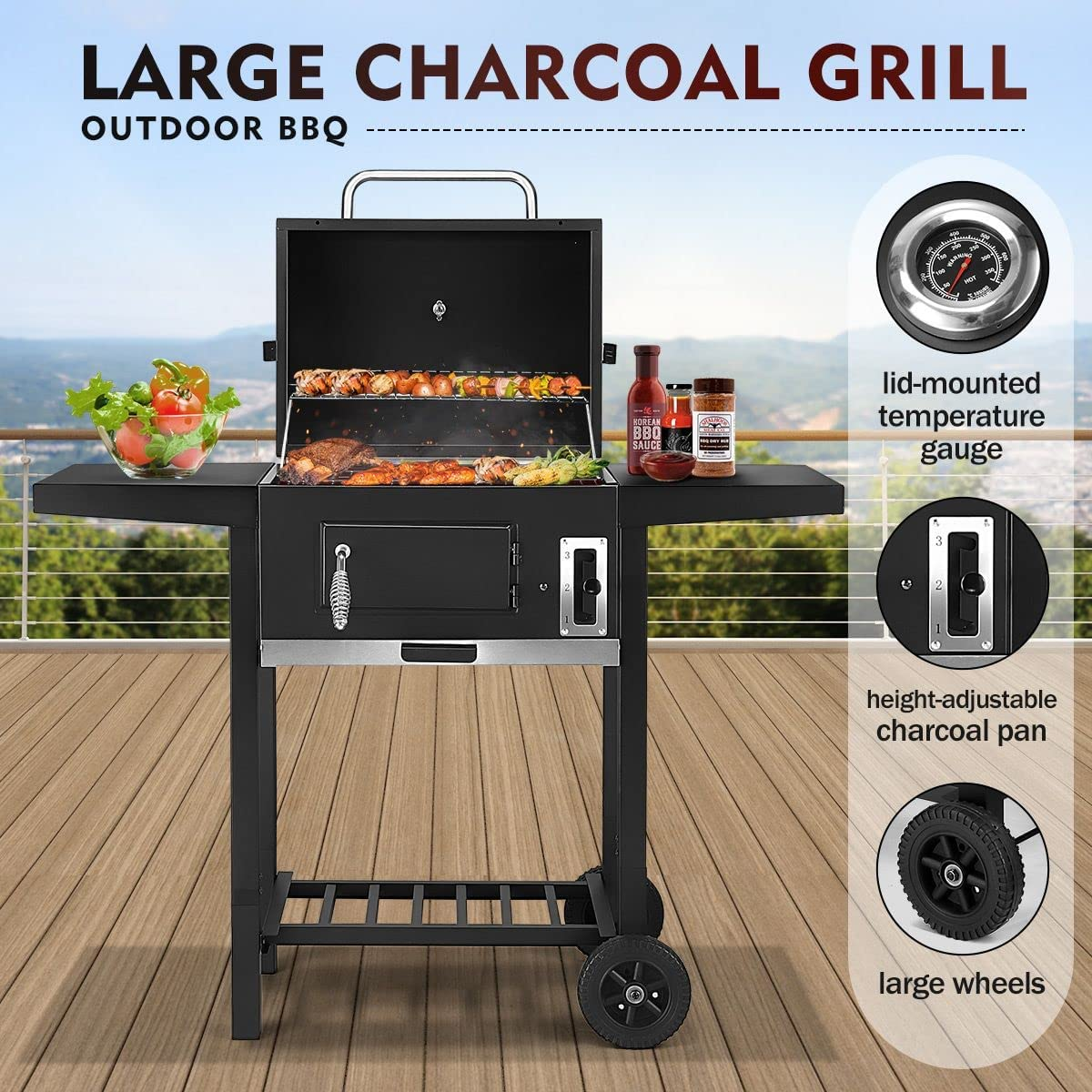 BBQ Charcoal Grill Trolley with Side Table, Portable Aluminium Outdoor Barbecue Cooking Grill Barbecue Set for Picnic Patio Backyard Camping image number 1