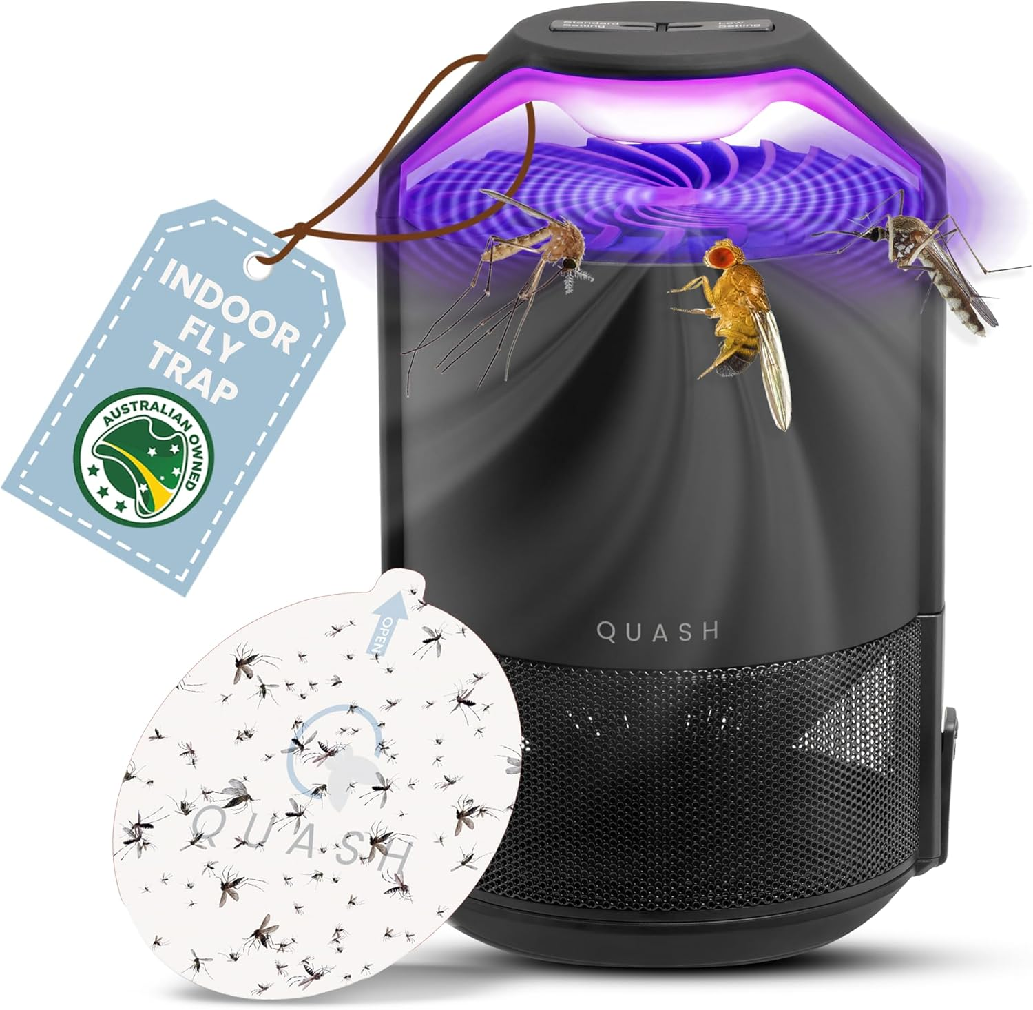 QUASH Indoor Fly Trap &ndash; Non-Zapper Mosquito & Bug Catcher with UV Light, Suction Fan & Sticky Glue Board &ndash; Safe & Effective Fly Swatter for Mosquitoes, Gnats, Mozzies, & Moths (White)