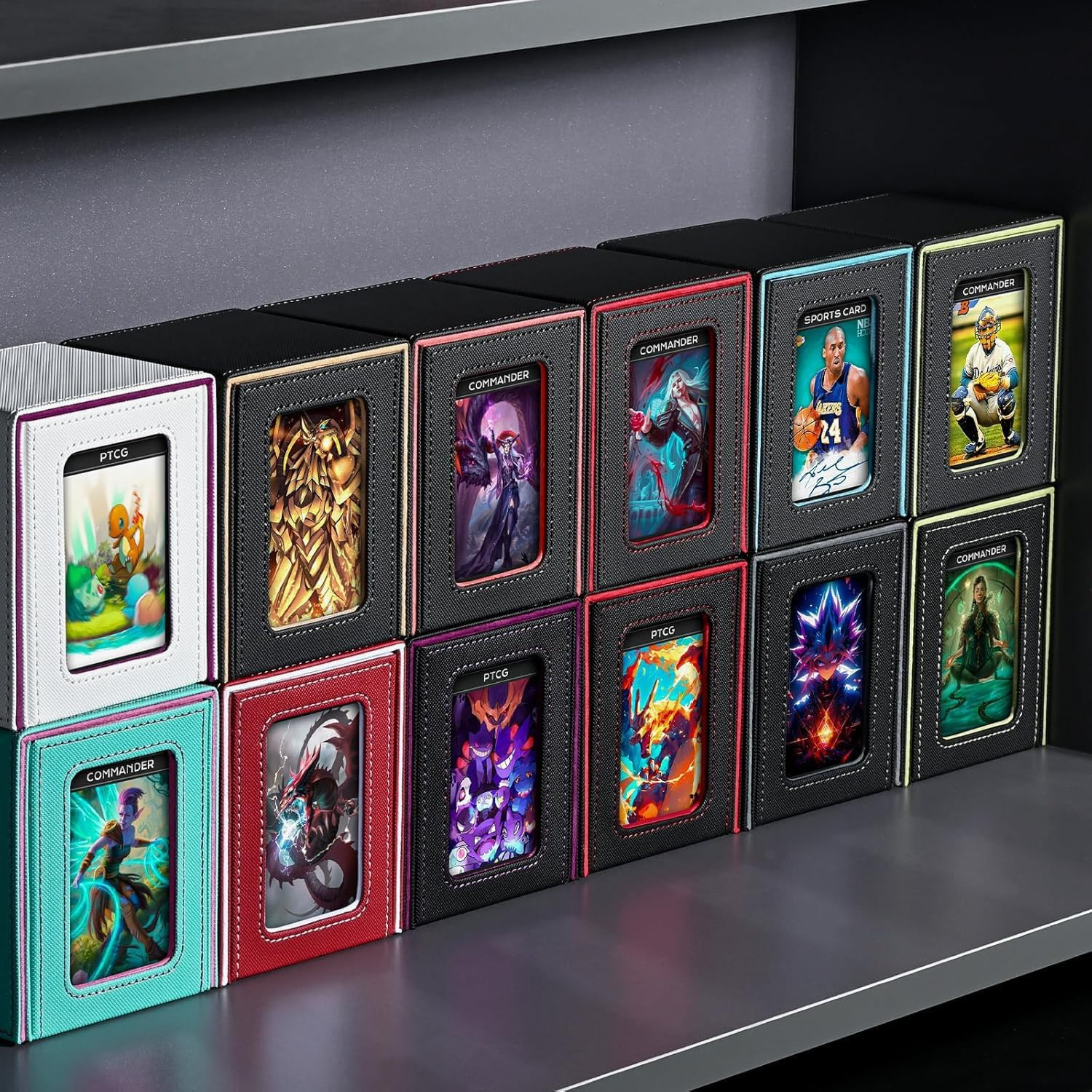 Card Box with MTG Commander Display, Patented Design Card Holder Can Hold More than 100 Double Sleeve Cards, PU Leather Card Storage Box for TCG with 2 Partitions, 1 Top Loader (Black&Blue) - Blackblue image number 3