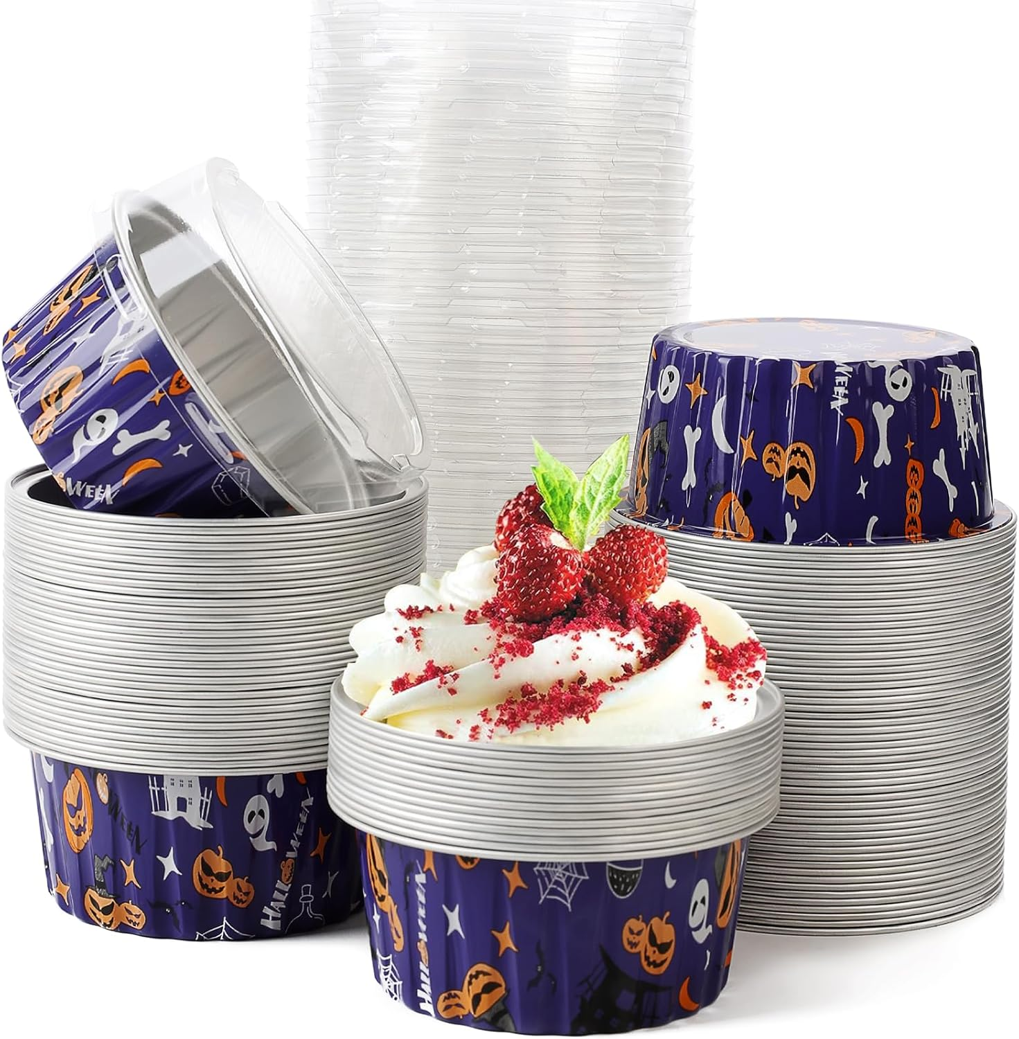 100 Pcs 5 Oz Halloween Baking Cups Mini Cupcake Liners with Lids Disposable Ramekins Pie Pans Cake Tins Containers for Halloween, Party, Wedding (Purple) image number 4