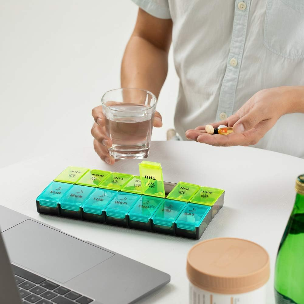 Mossime XL Large Daily Pill Organizer 2 Times a Day, Extra Jumbo 7 Day Pill Box Am Pm, Weekly Day Night Vitamin Holder, Medicine Organizer, Big Pill Container, Medication Dispenser 14 Compartments - Blue+Green image number 3