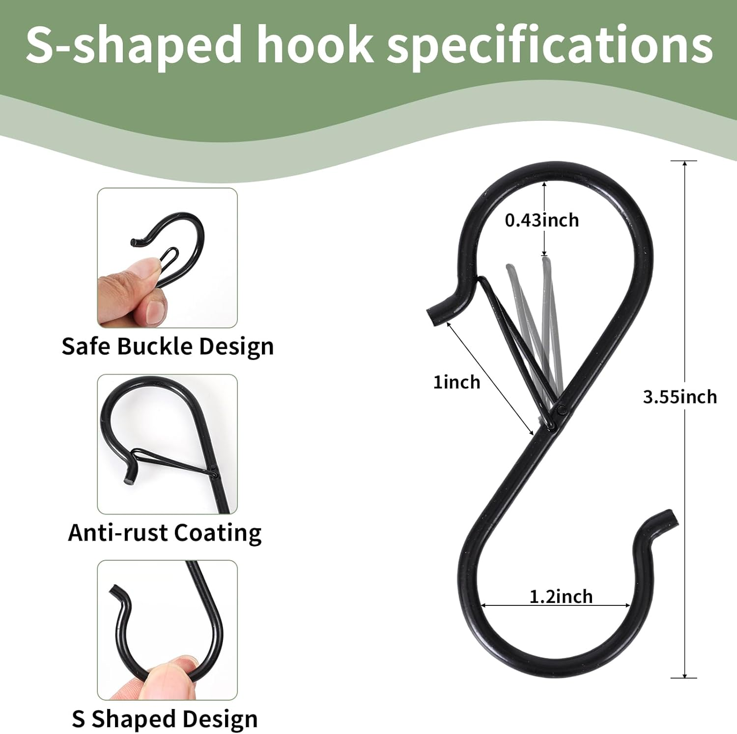 Mythosurge 10 Pack S Shaped Hooks,3.5 Inch Stainless Steel Heavy Duty S Hooks with Safety Buckle for Kitchen Utensil,Pans,Closet Rod,Bags,Purse,Clothes,Hooks for Hanging Pots (Black) image number 6