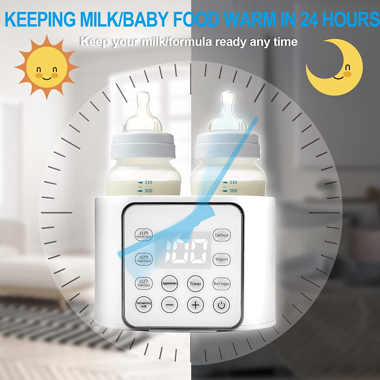 Baby Bottle Warmer 9-In-1 Multifuntion Breast Milk Warmer, Fast Baby Food Heater & Defrost Warmer with Timer for Twins, LCD Display Accurate Temperature Adjustment, 24H Constant Mode image number 6