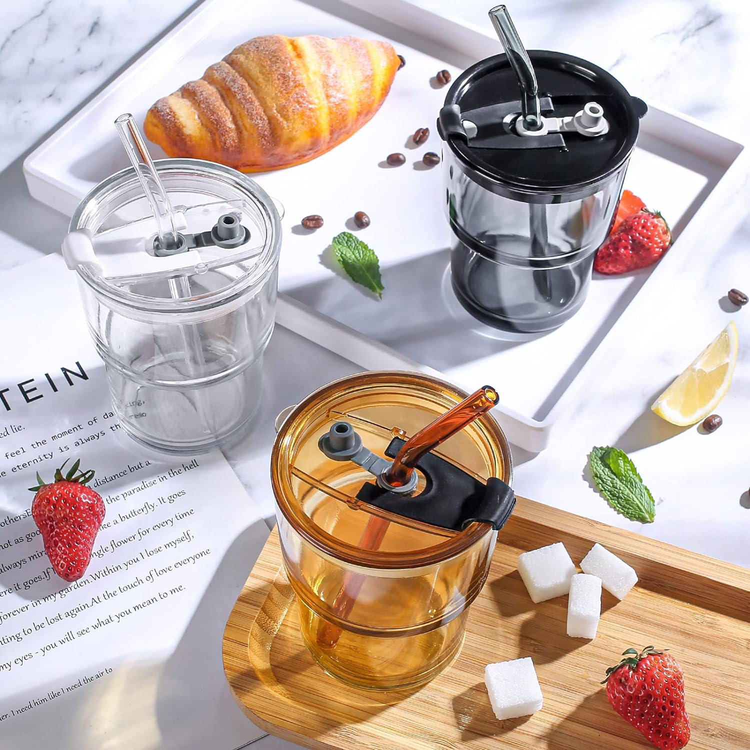 13 OZ/400ML Ice Coffee Glass Tumbler with Straw and Lid Sealed Carry On, Thick Wall Water Glass Cup Mug Tea （Gray） - Black image number 5