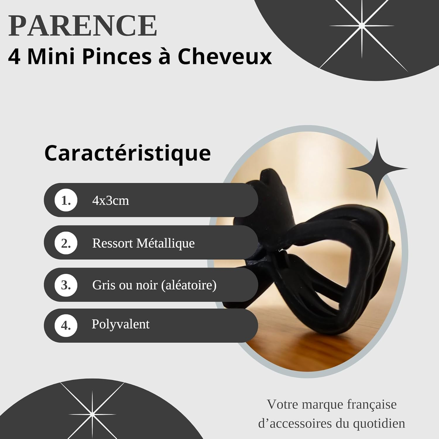 PARENCE. - Set of 4 Mini Hair Clips - Solid Metal Spring, Interlocking and round Teeth - Compact and Practical Accessory for Women - 4X3Cm image number 4