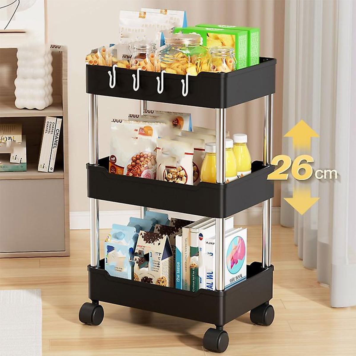 AIMALL Multi-Layer Bathroom Kitchen Storage Trolley Rack, Rolling Utility Organizer, Stainless Steel and Plastic, Easy to Assemble, White and Black image number 4