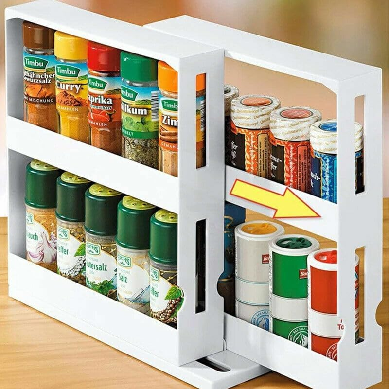 Leona Co Cabinet Caddy, Sliding Spice Rack Organizer for Cabinet, Just Pull & Rotate, Storage 20 Bottles Each, Cupboard Swivel Organizer, Non-Skid Base, 28Cm X 27Cm X 10Cm