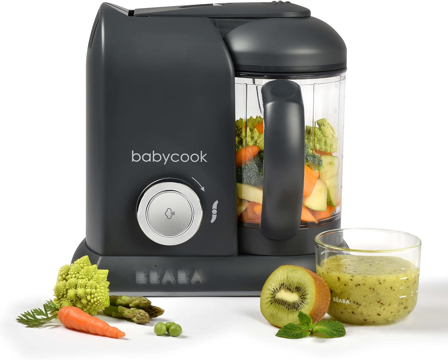 BEABA - Babycook Solo - Baby Food Maker - 4 in 1 : Baby Food Processor, Blender and Cooker - Soft Steamer Cooking - Quick - Food Diversification for Your Baby - Dark Grey