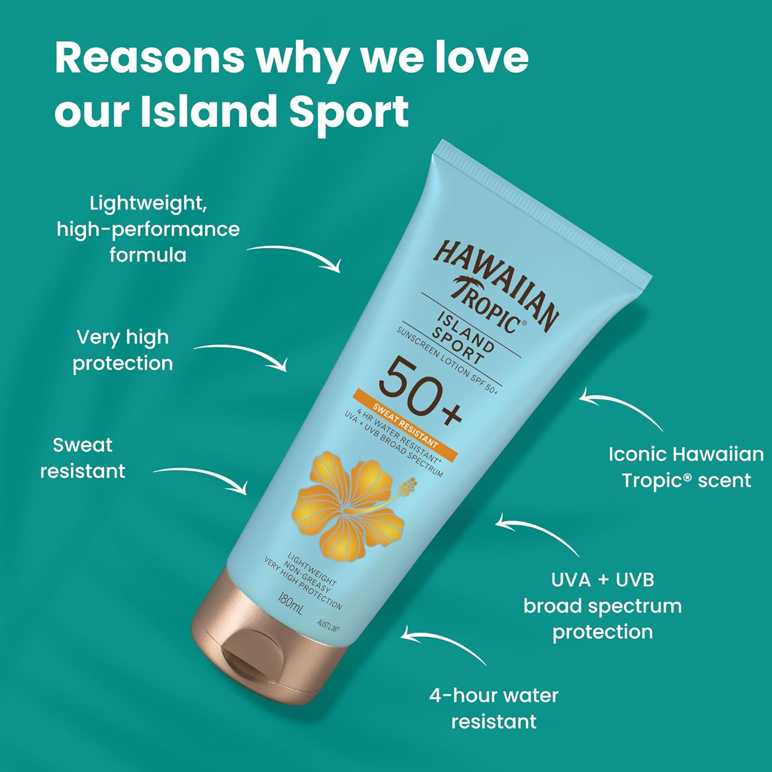 Hawaiian Tropic Island Sport Sunscreen Lotion SPF50+ 180Ml, Sweat-Resistant, 4-Hour Water Resistant, Non-Greasy image number 3