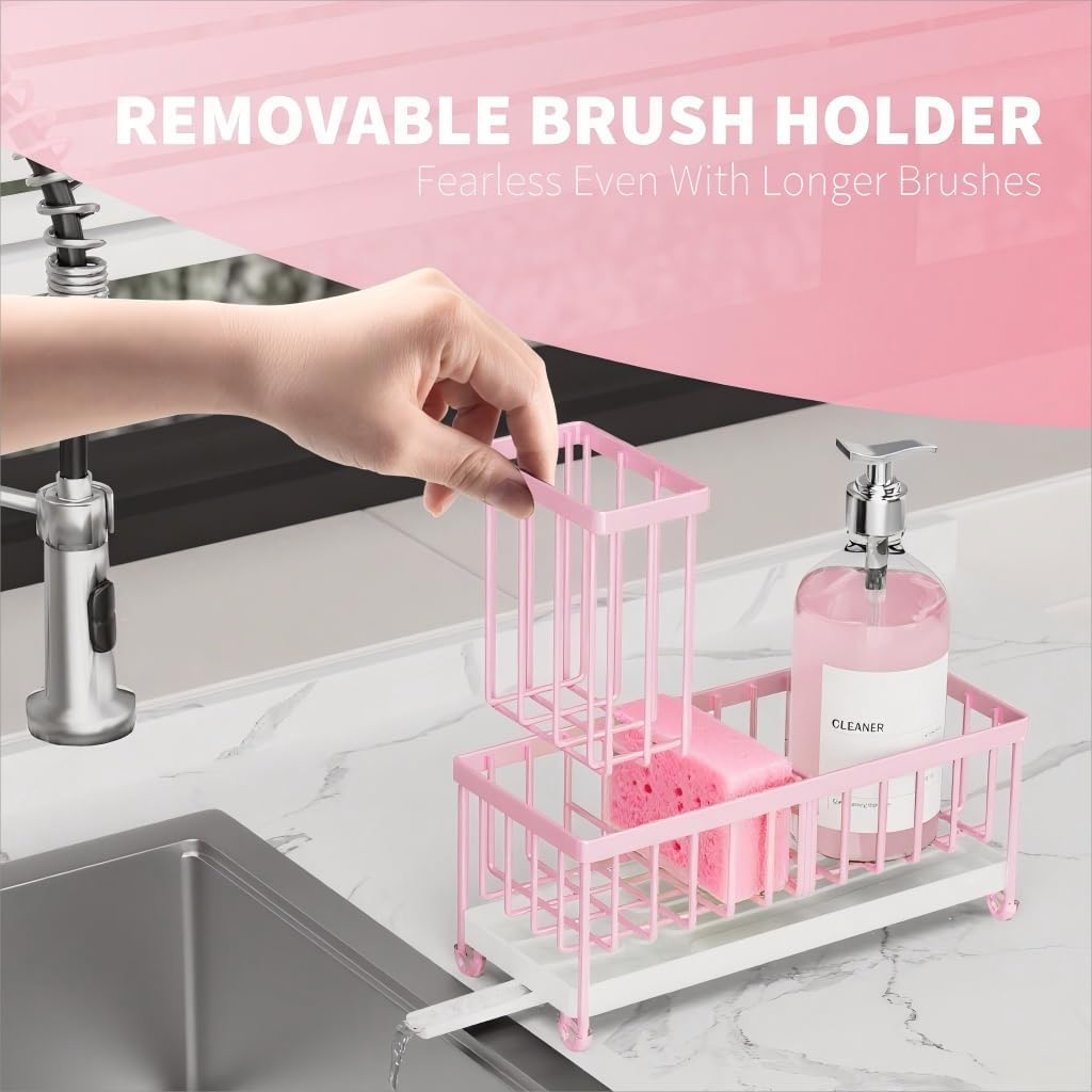 Cisily Pink Sponge Holder for Kitchen Sink, Sink Caddy Organizer with High Brush Holder, Countertop Organizers and Storage Essentials, Rustproof 304 Stainless Steel, Pink Kitchen Accessories and Decor image number 3