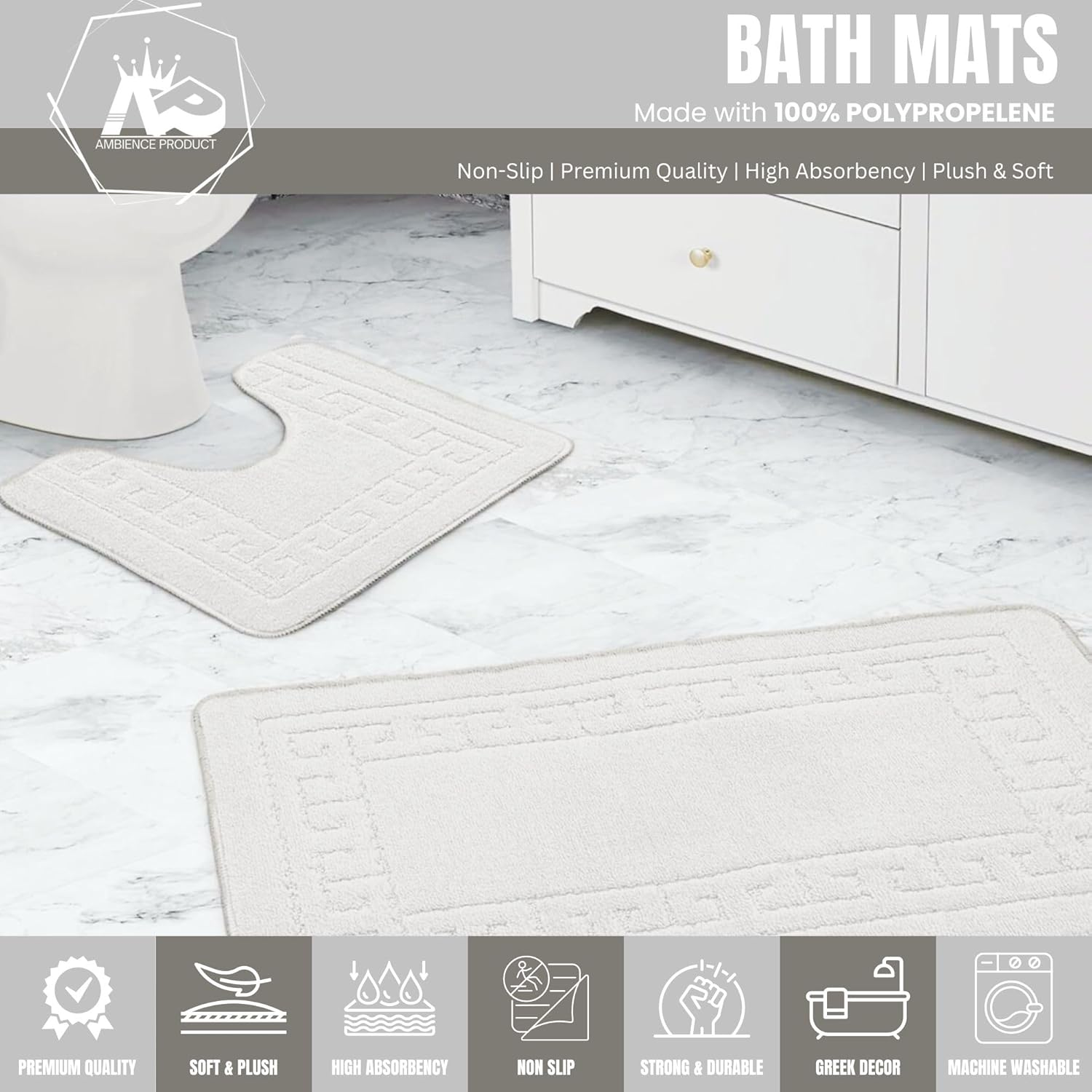 Ambience Products Greek Key Pattern Bath Mats 2 Piece Sets Non Slip Bathroom Mat, Soft Washable Rug Quick Dry Water Absorbent Bathroom Shower Mat & Pedestal Set (White) - Charcoal image number 6