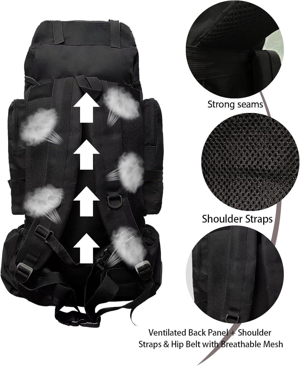 Nayubo Tactical 80L Hiking Backpack with Dedicated Shoe Compartment - Large Capacity Rucksack for Camping Backpacking Men Women - Outdoor Trekking Travel Pack (Black) image number 3