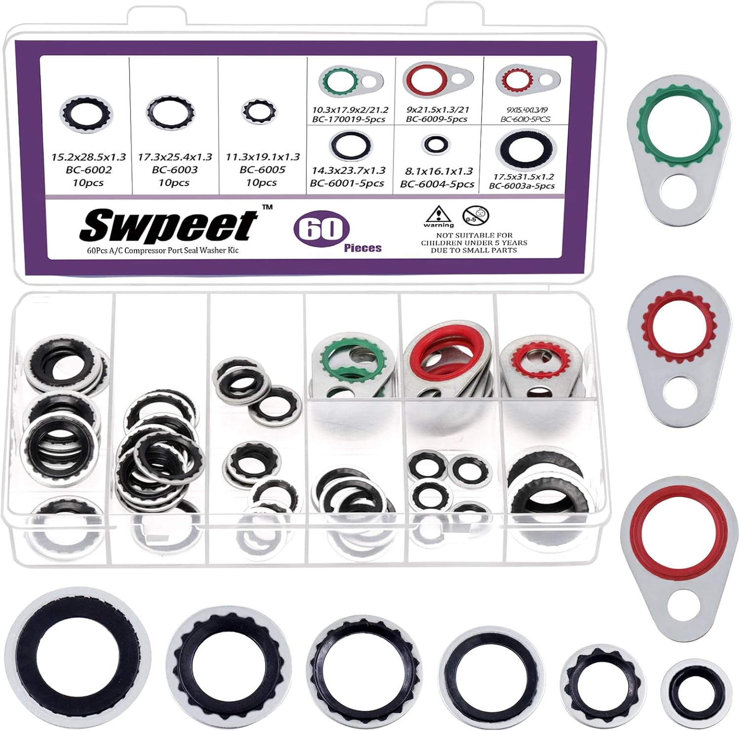 Swpeet 60Pcs 9 Size A/C System Compressor Gasket Seals Assortment Kit, Air Conditioning Compressor Port Seal Washer, Bonded Gasket Seal, A/C Compressor Seal Gasket image number 3