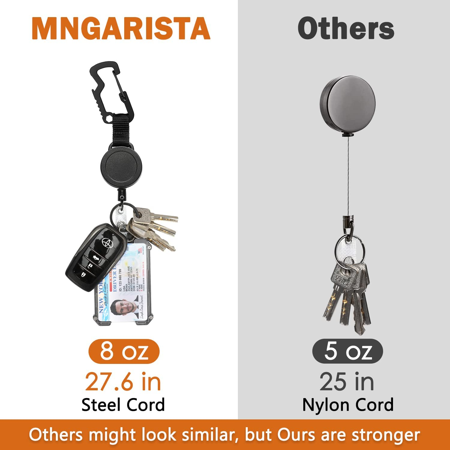 MNGARISTA Retractable Key Chain, Multitool Carabiner Key Holder, Retractable Badge Holder Reel, Heavy Duty Badge Reel with Steel Cable, Black, 2Pcs image number 4