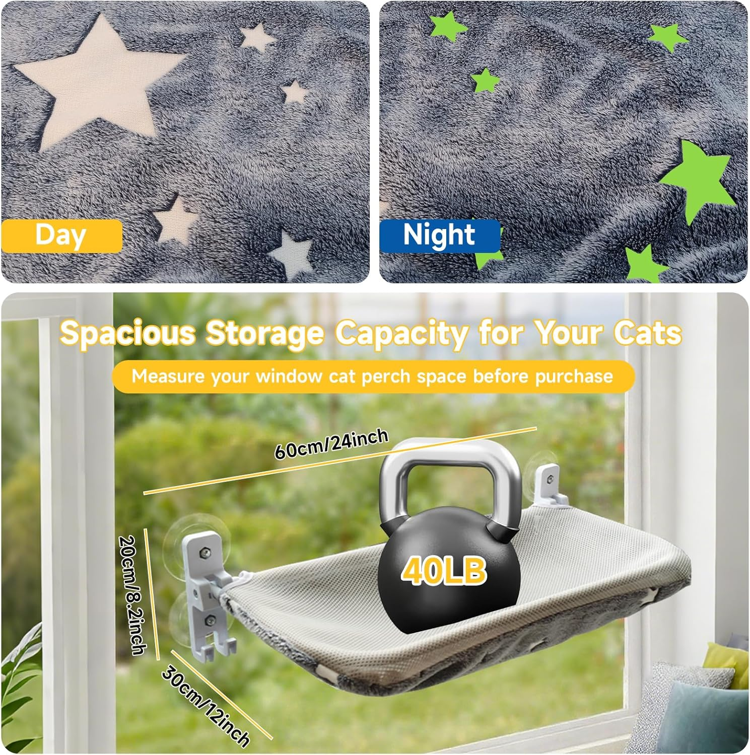 Homegroove 2 Pack Cat Window Perch, 24 X 12 Inch Foldable Cat Hammock for Window with Sturdy Metal Frame, Cordless Window Bed for Resting Seat for Indoor Cats (Grey-With Star Pattern, 60 X 30 CM) image number 2