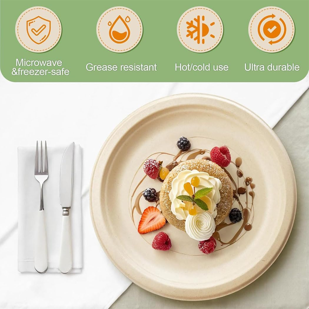 Idopick Compostable Paper Plates 9 Inch, 50 Pack Biodegradable Sugarcane Bagasse Disposable Heavy-Duty Plates, Eco-Friendly Unbleached Brown for Party, Wedding image number 1