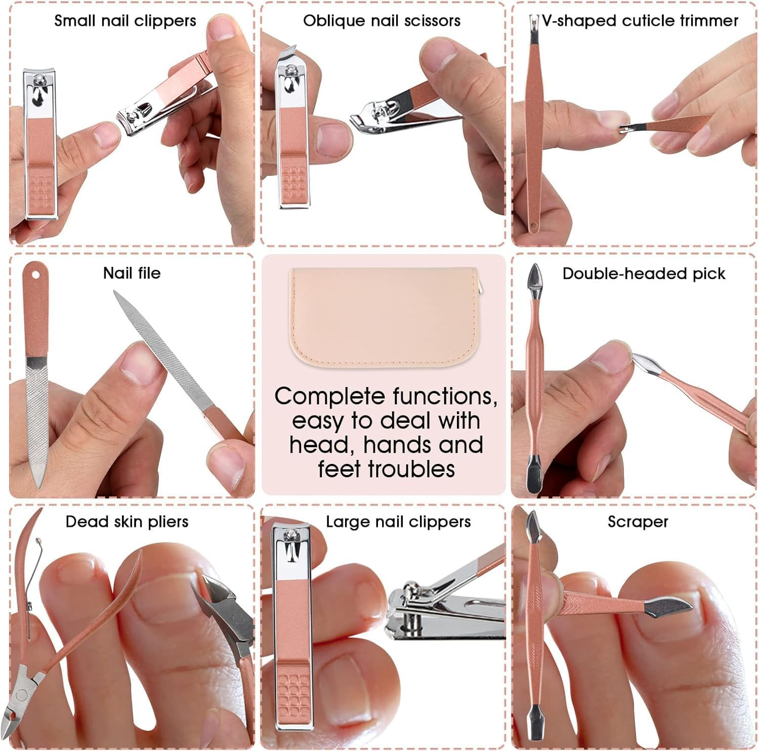 Nail Clippers and Beauty Tool Portable Set, Rose Gold Martensitic Stainless Steel Manicure Set 12 in 1, with Pink Leather Bag, Suitable for Home, Workplace, Outdoor Travel, Gift Giving, Beauty Salon. image number 2