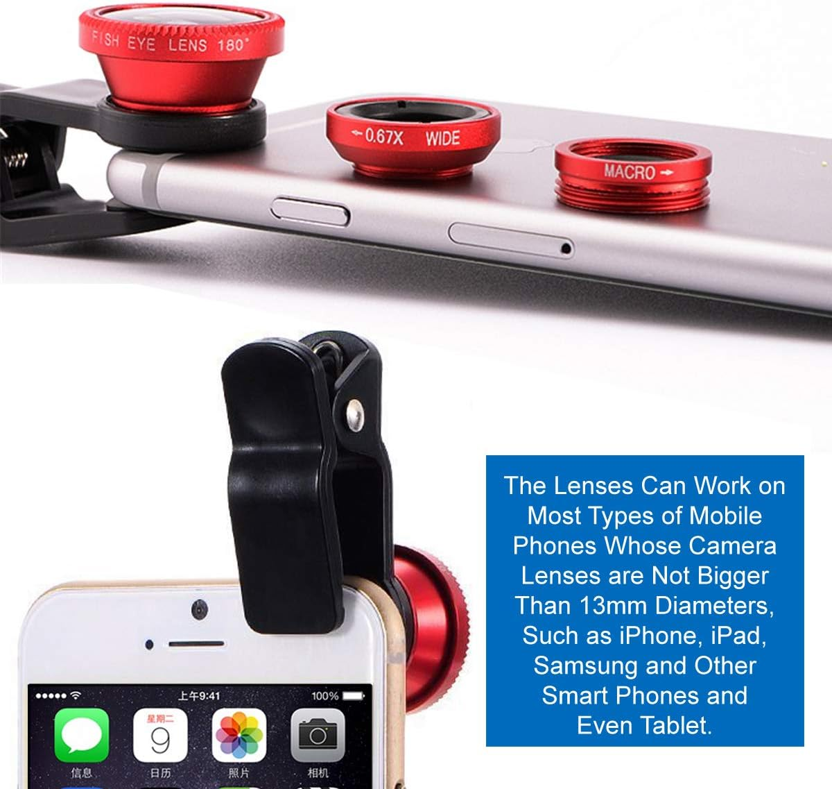 KINGMAS 3 in 1 Universal Fish Eye Lens + Wide-Angle Lens + Macro Clip Camera Lens Kit for Ipad Iphone Samsung Android and Most Smartphones image number 3