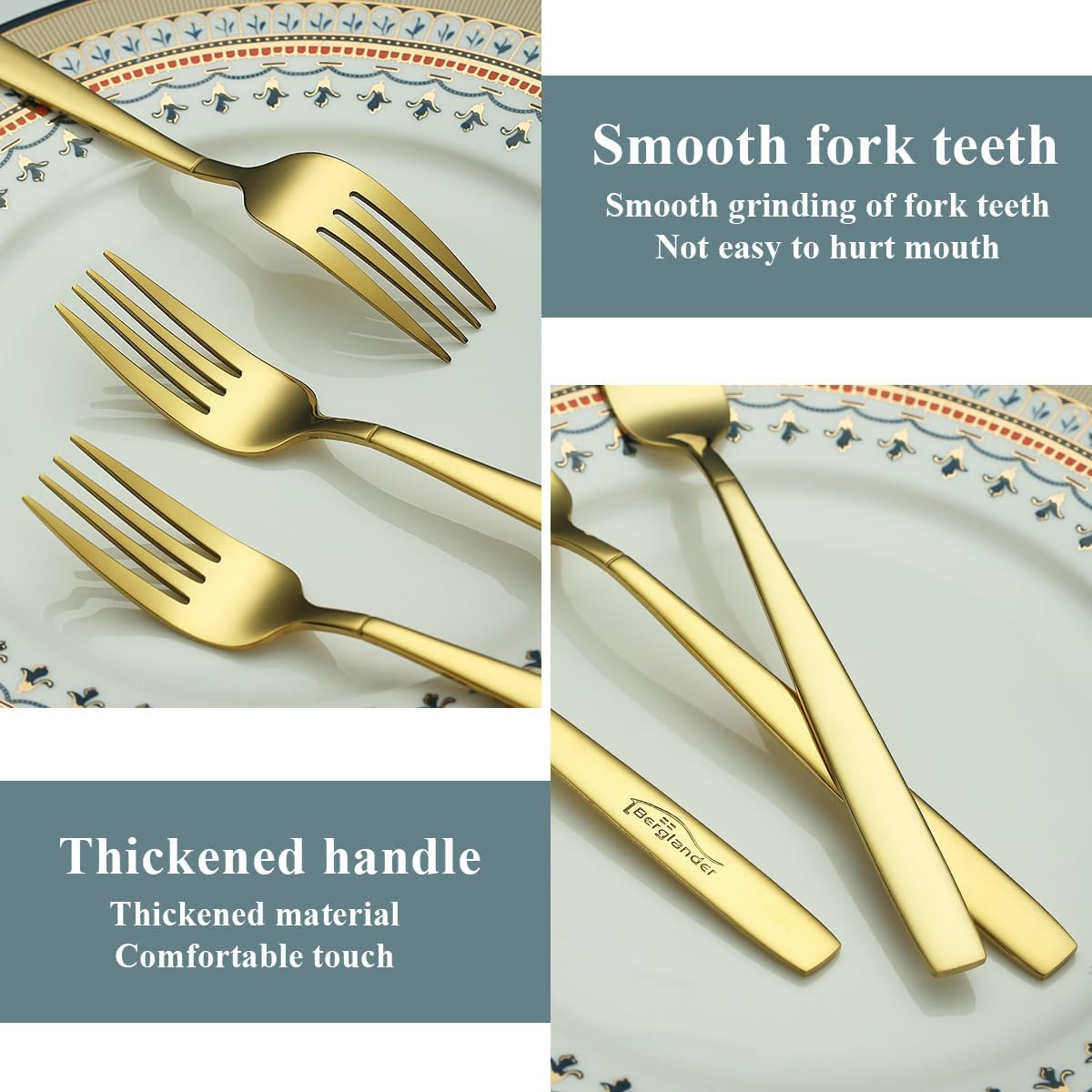 Berglander Gold Table Forks of 12 Pieces, Titanium Gold Plated Stainless Steel Modern Dinner Fork Set, Forks and Spoons Cutlery Ideal for Home, Toilet, Hotel, Wedding, Dishwasher Safe - Black image number 2