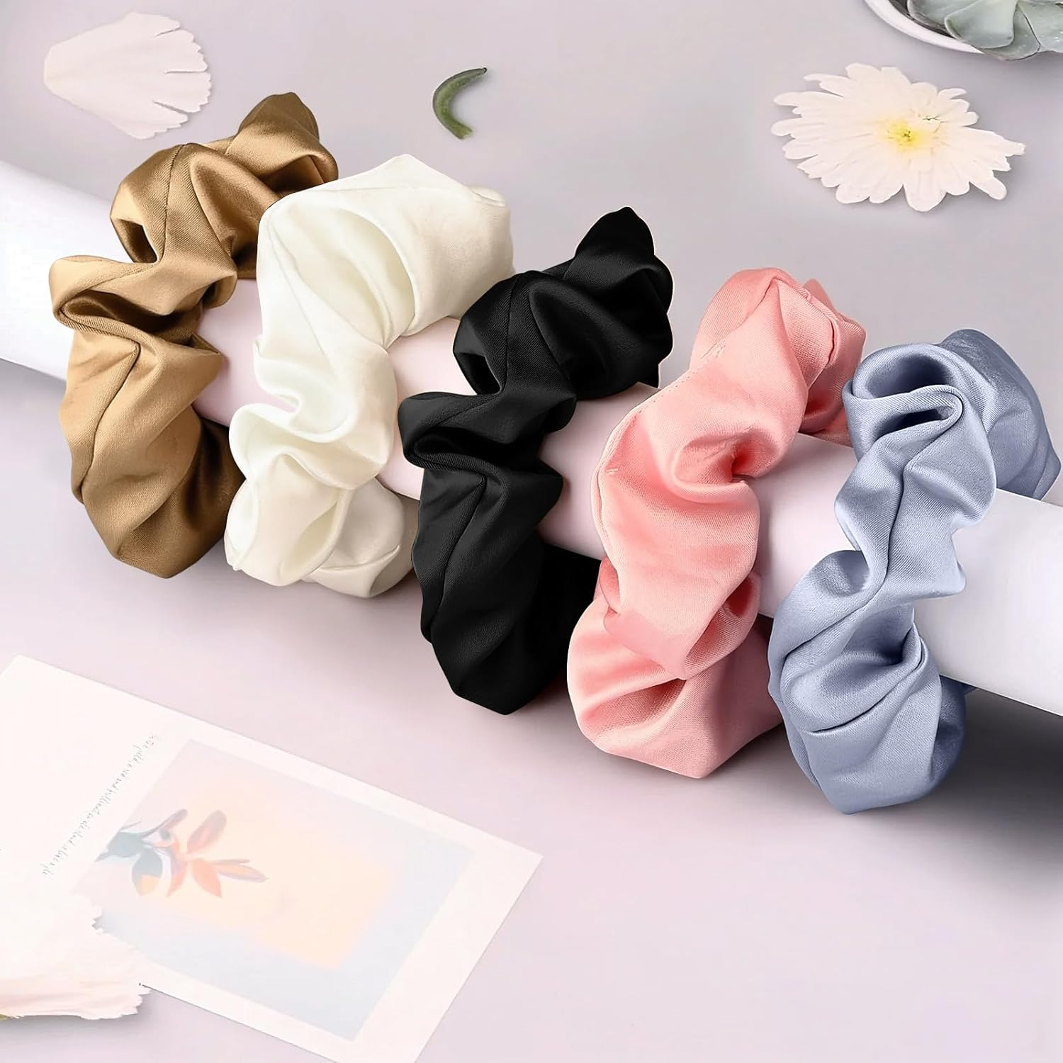 Leonids Satin Hair Scrunchies for Women, Silk Hair Scrunchies for Girls, Elastic Hair Bands (Black+Black+Black) - Black+White+Pink image number 4